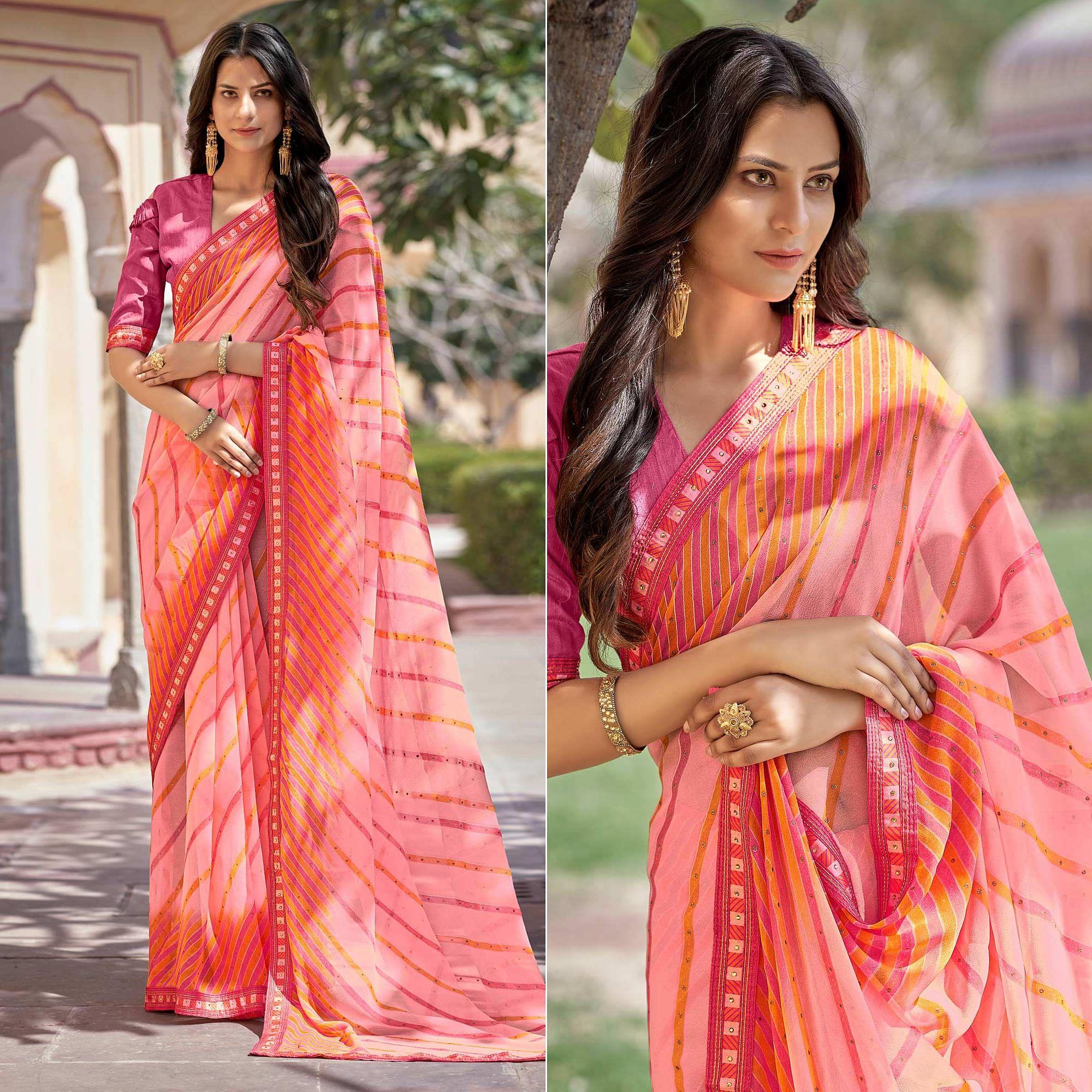 Peach Printed With Embellished Georgette Saree - Peachmode