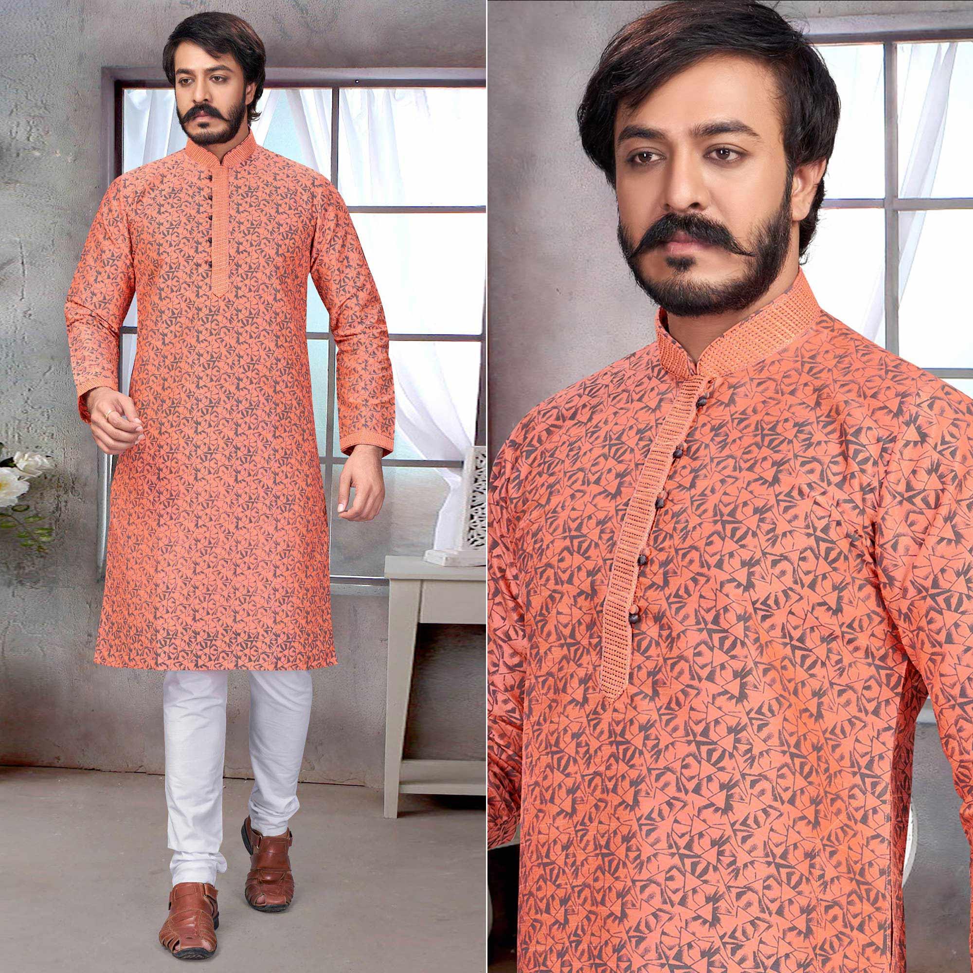 Peach Printed With Embroidered Art Silk Kurta Pyjama Set - Peachmode