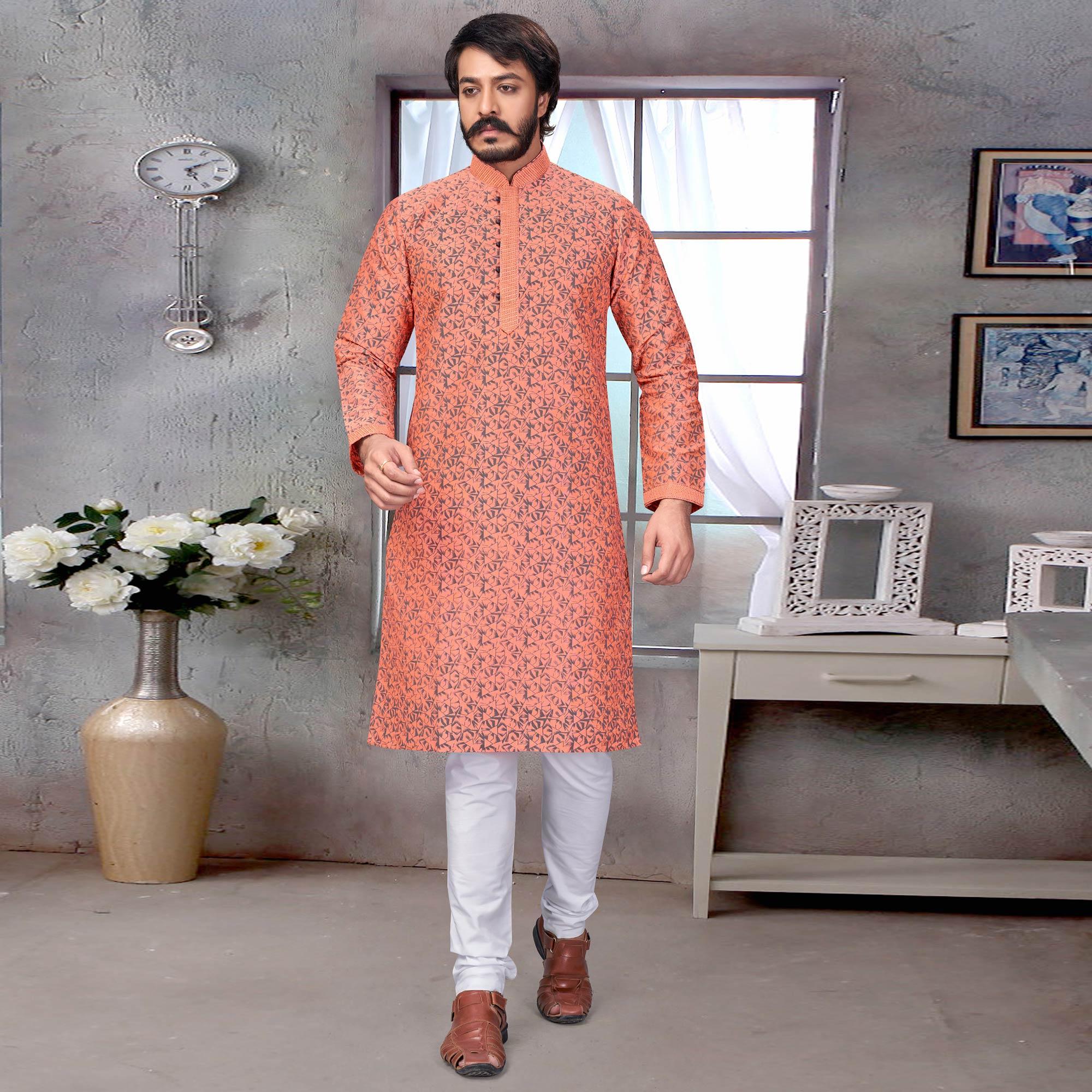 Peach Printed With Embroidered Art Silk Kurta Pyjama Set - Peachmode