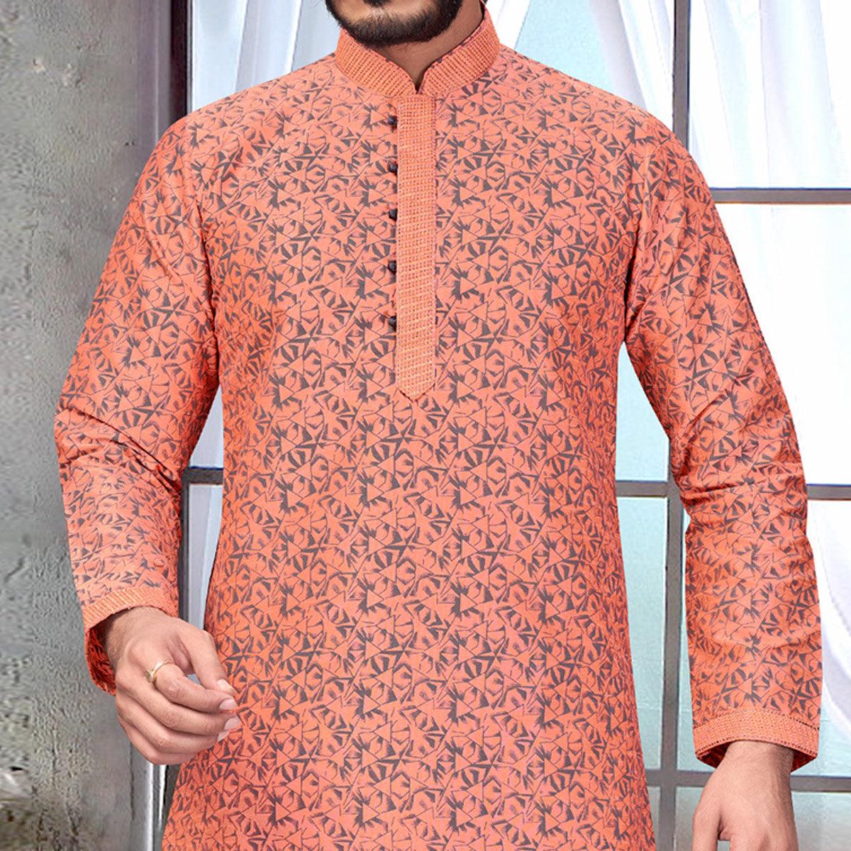 Peach Printed With Embroidered Art Silk Kurta Pyjama Set - Peachmode