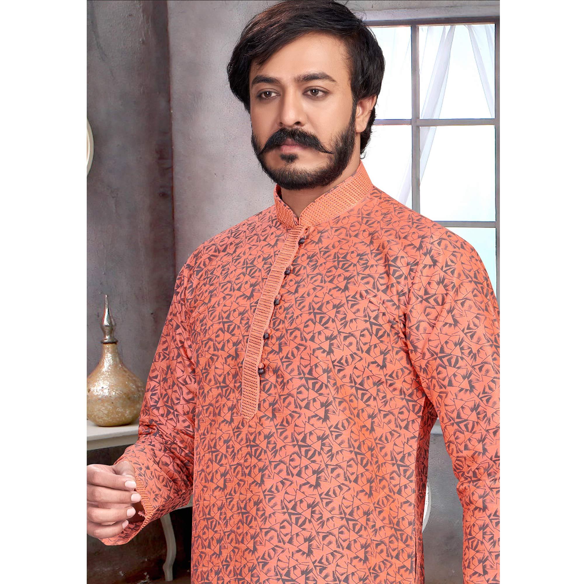 Peach Printed With Embroidered Art Silk Kurta Pyjama Set - Peachmode