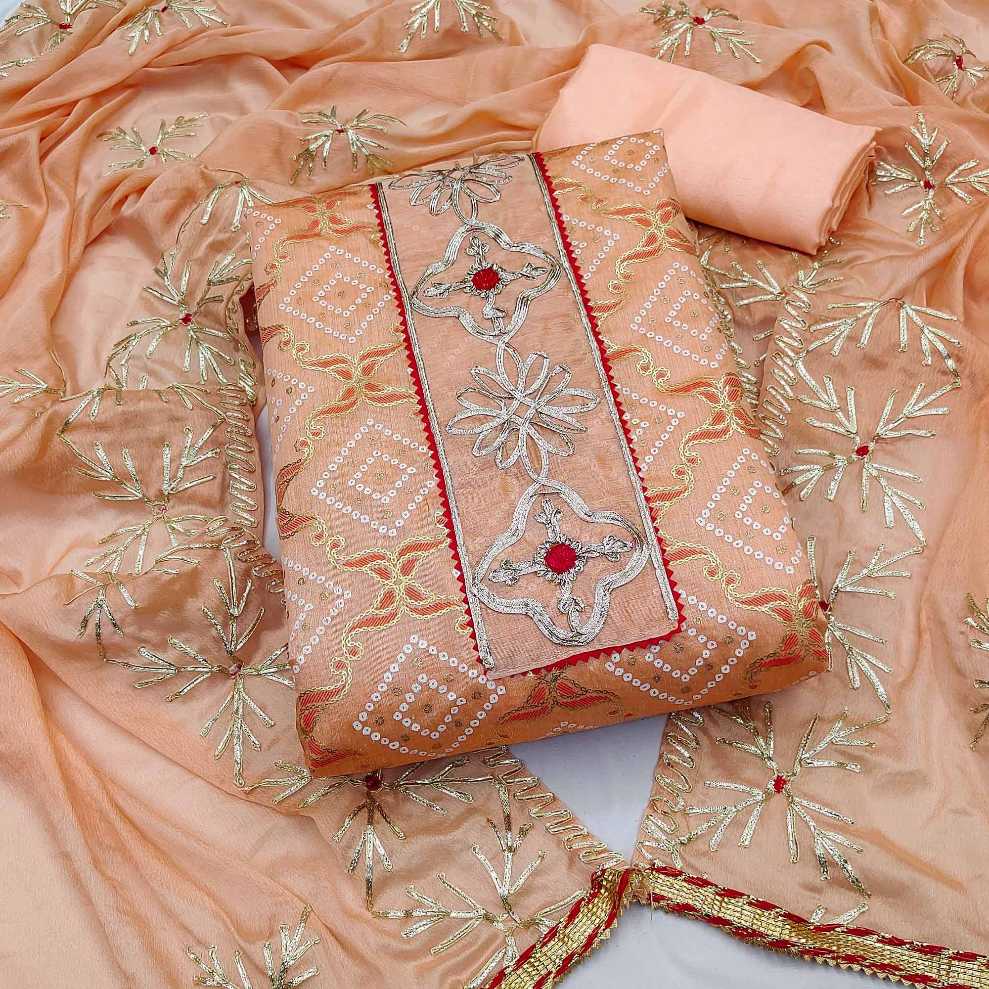 Peach Printed With Embroidered Poly Cotton Dress Material - Peachmode