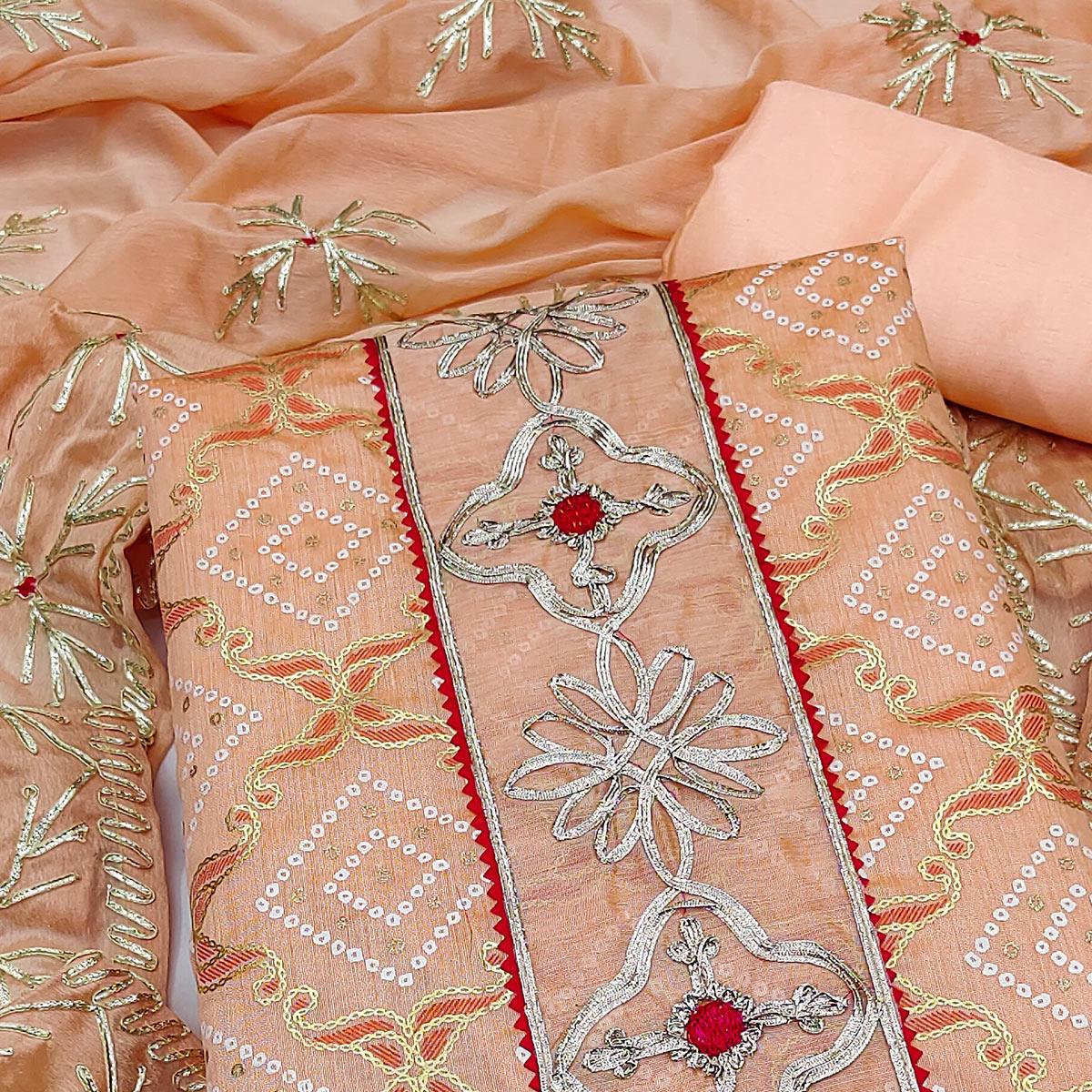 Peach Printed With Embroidered Cotton Blend Dress Material