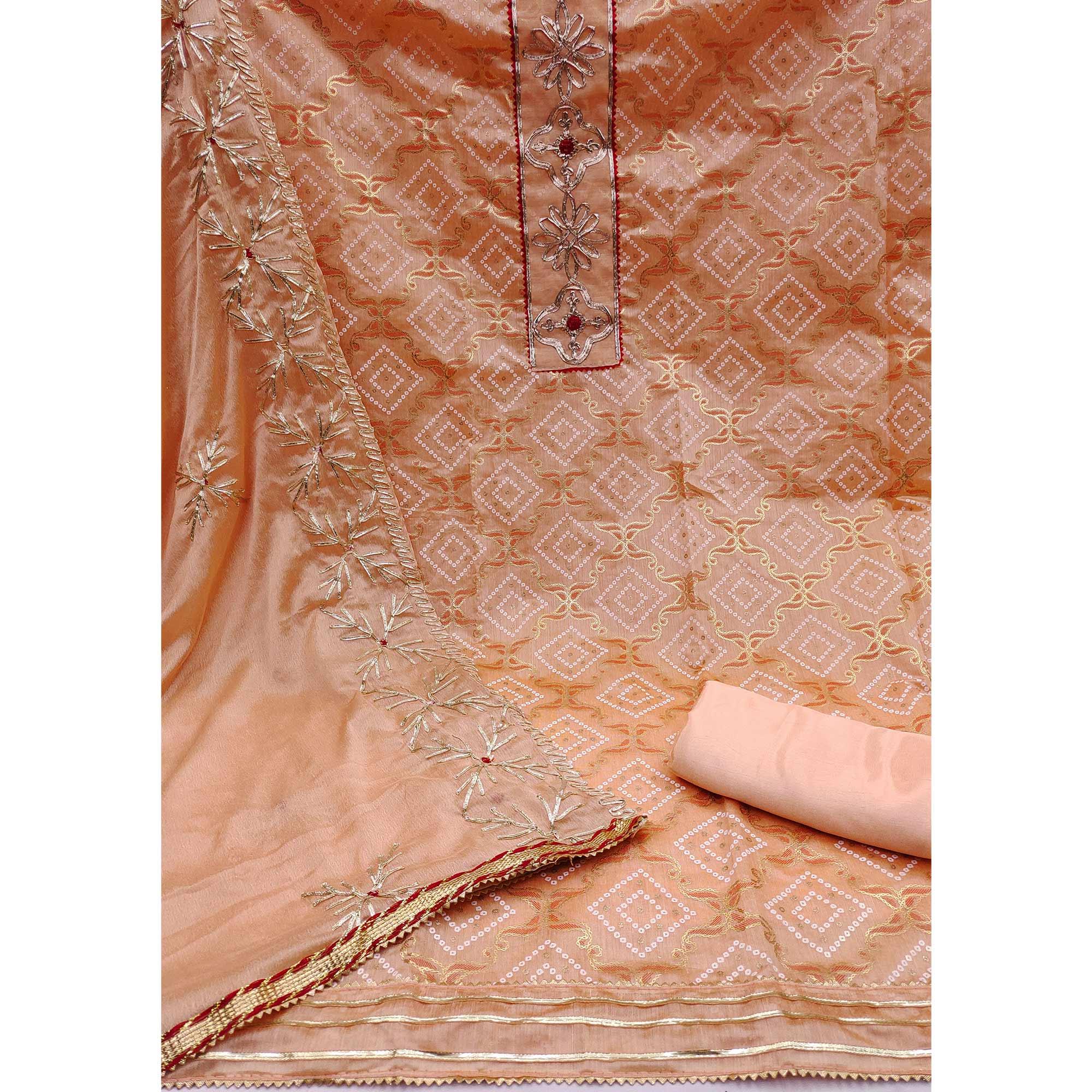 Peach Printed With Embroidered Poly Cotton Dress Material - Peachmode