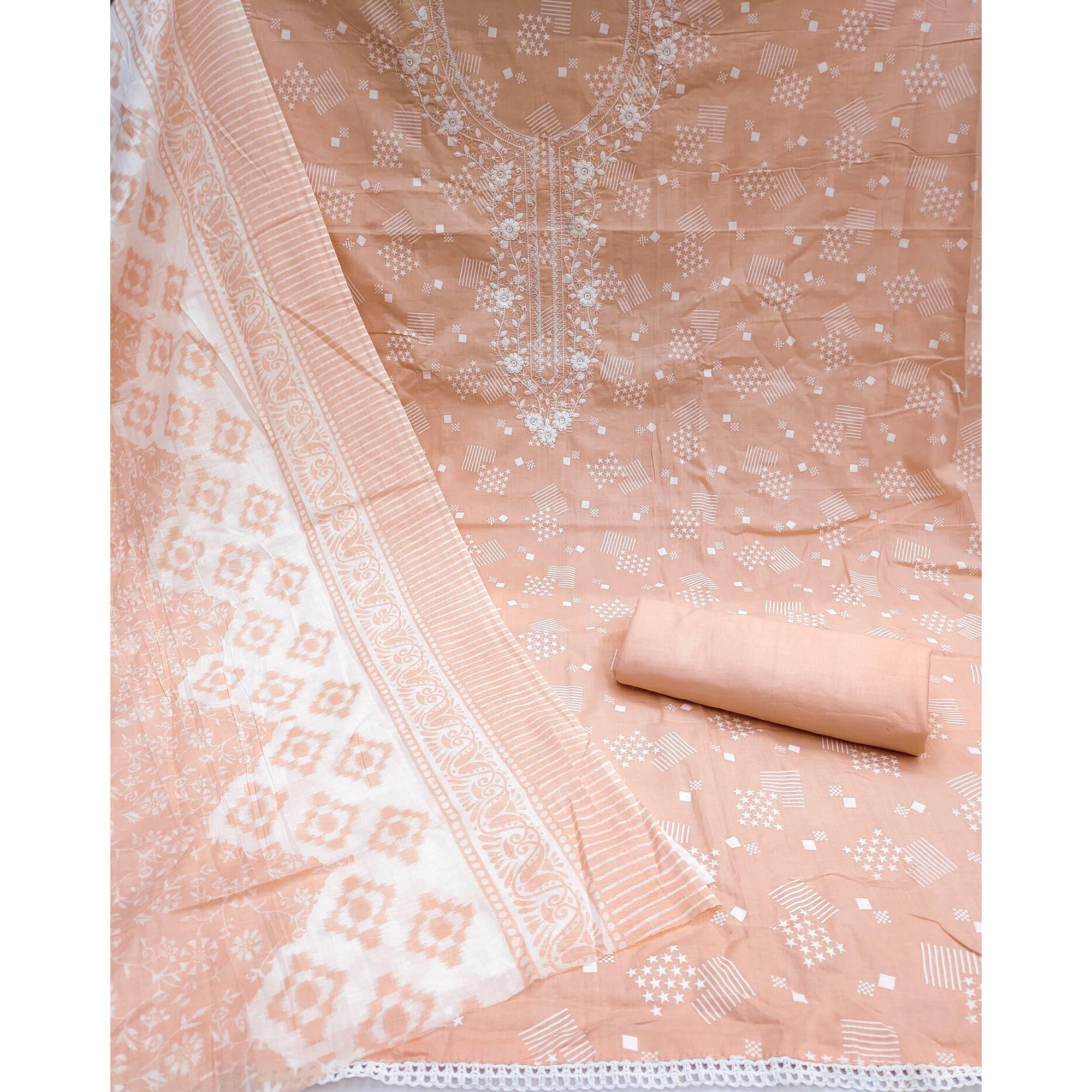 Peach Printed With Floral Embroidered Pure Cotton Dress Material - Peachmode