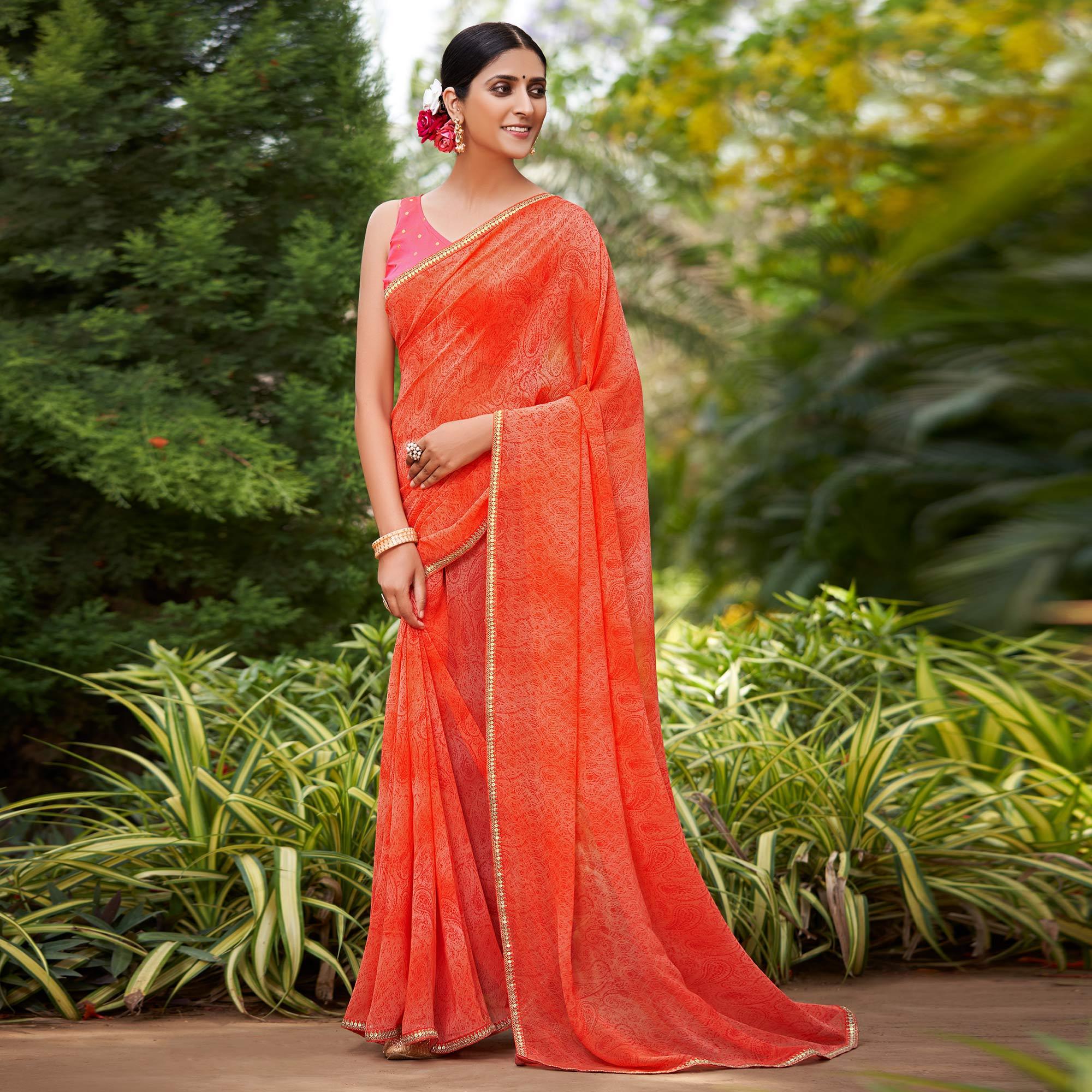 Peach Printed With Sequence Embroidered Border Georgette Saree - Peachmode