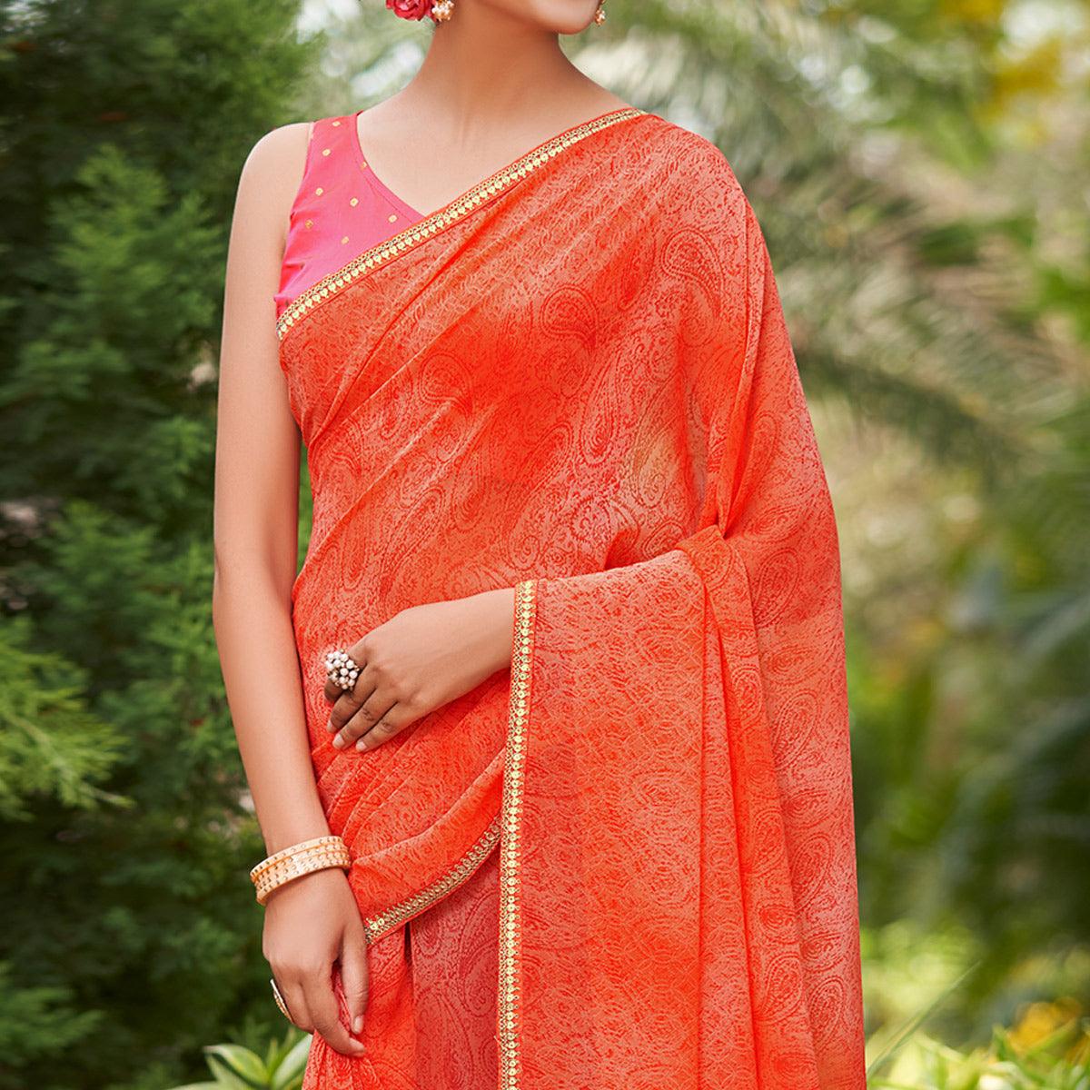 Peach Printed With Sequence Embroidered Border Georgette Saree - Peachmode