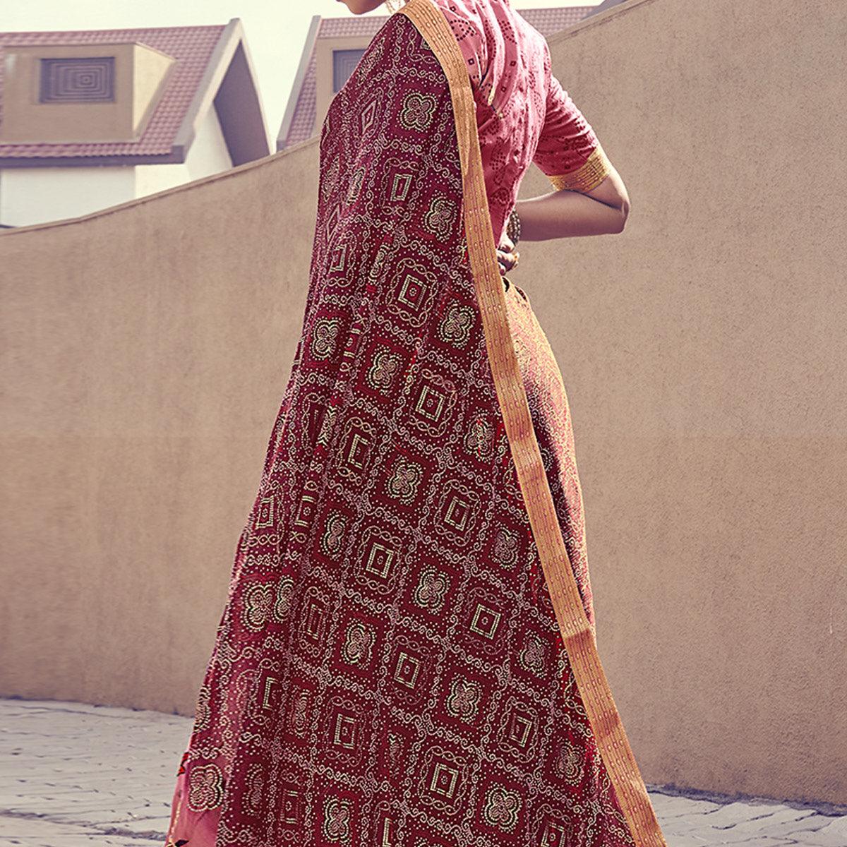 Peach-Purple Floral Embroidered With Foil Printed Chiffon Half & Half Saree - Peachmode