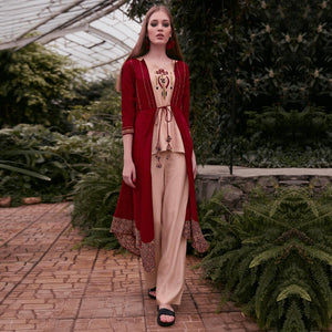 Peach-Red Partywear Embroidered Rayon Top-Bottom Set With Shrug - Peachmode