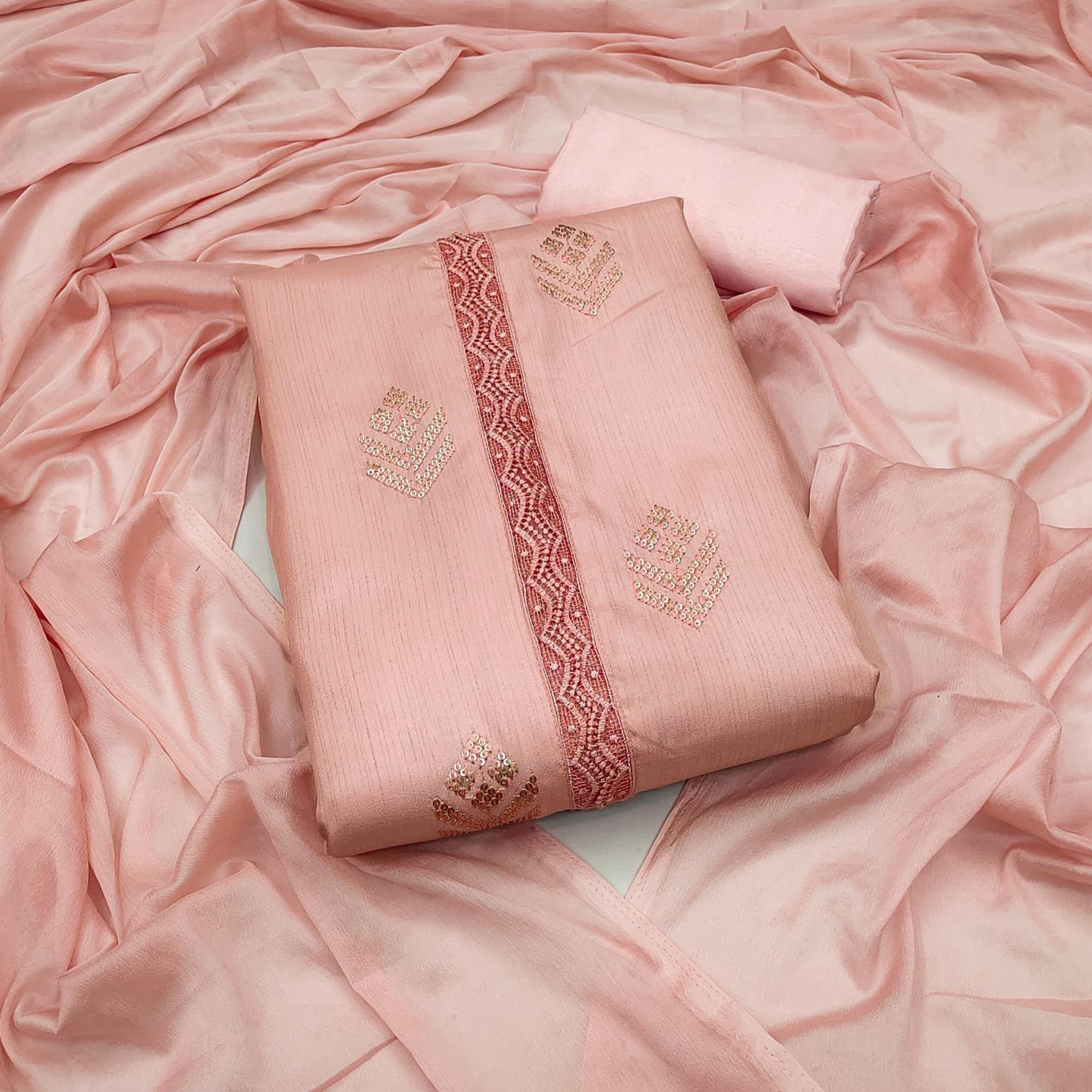 Peach Sequence Embroidered Art Silk Dress Material - Peachmode