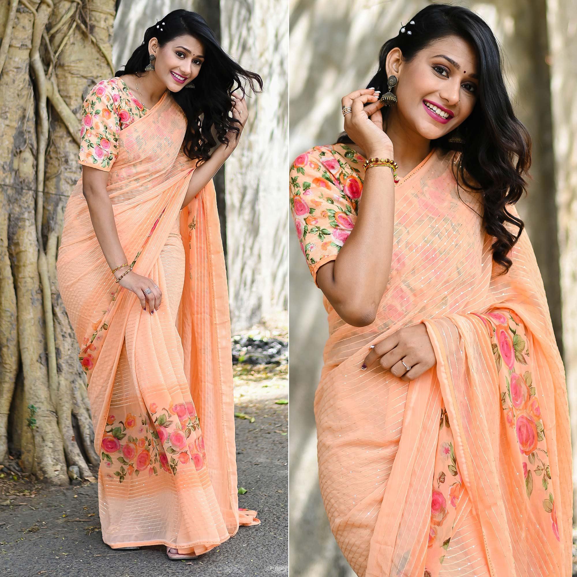 Peach Sequence Embroidered Art Silk Saree - Peachmode