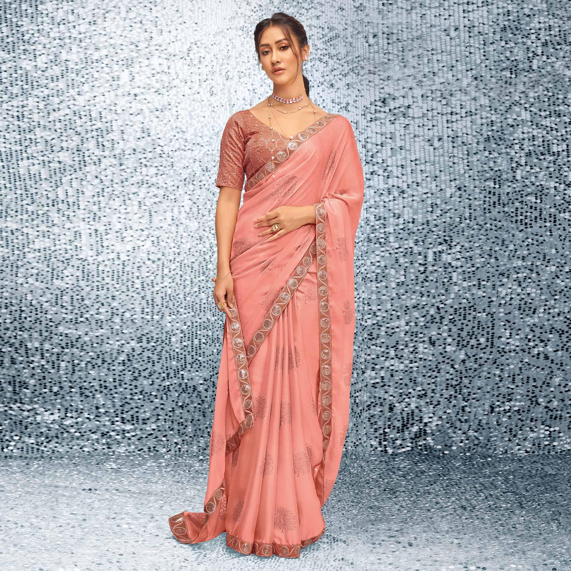 Peach Sequence Embroidered Chiffon Saree - Peachmode