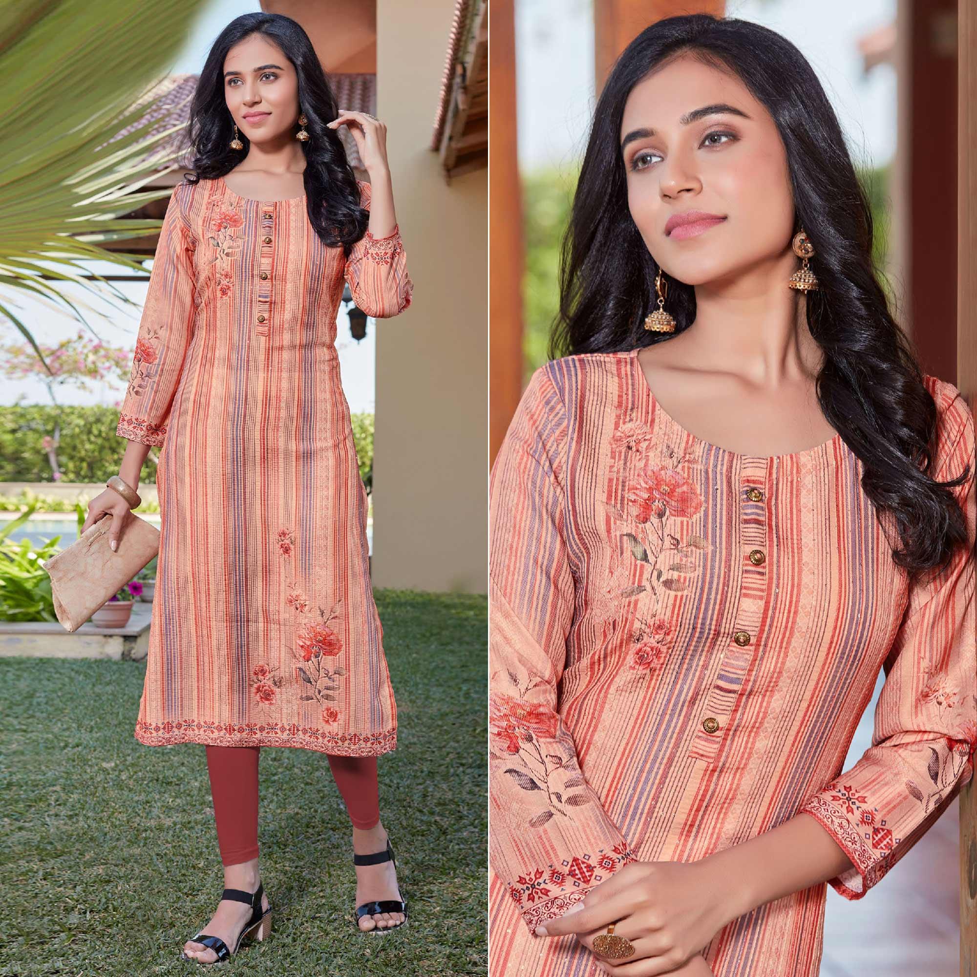 Peach Sequence Embroidered Cotton Silk Kurti - Peachmode