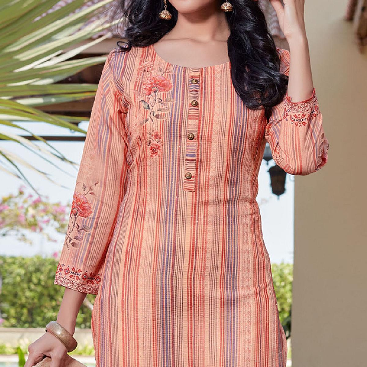 Peach Sequence Embroidered Cotton Silk Kurti - Peachmode