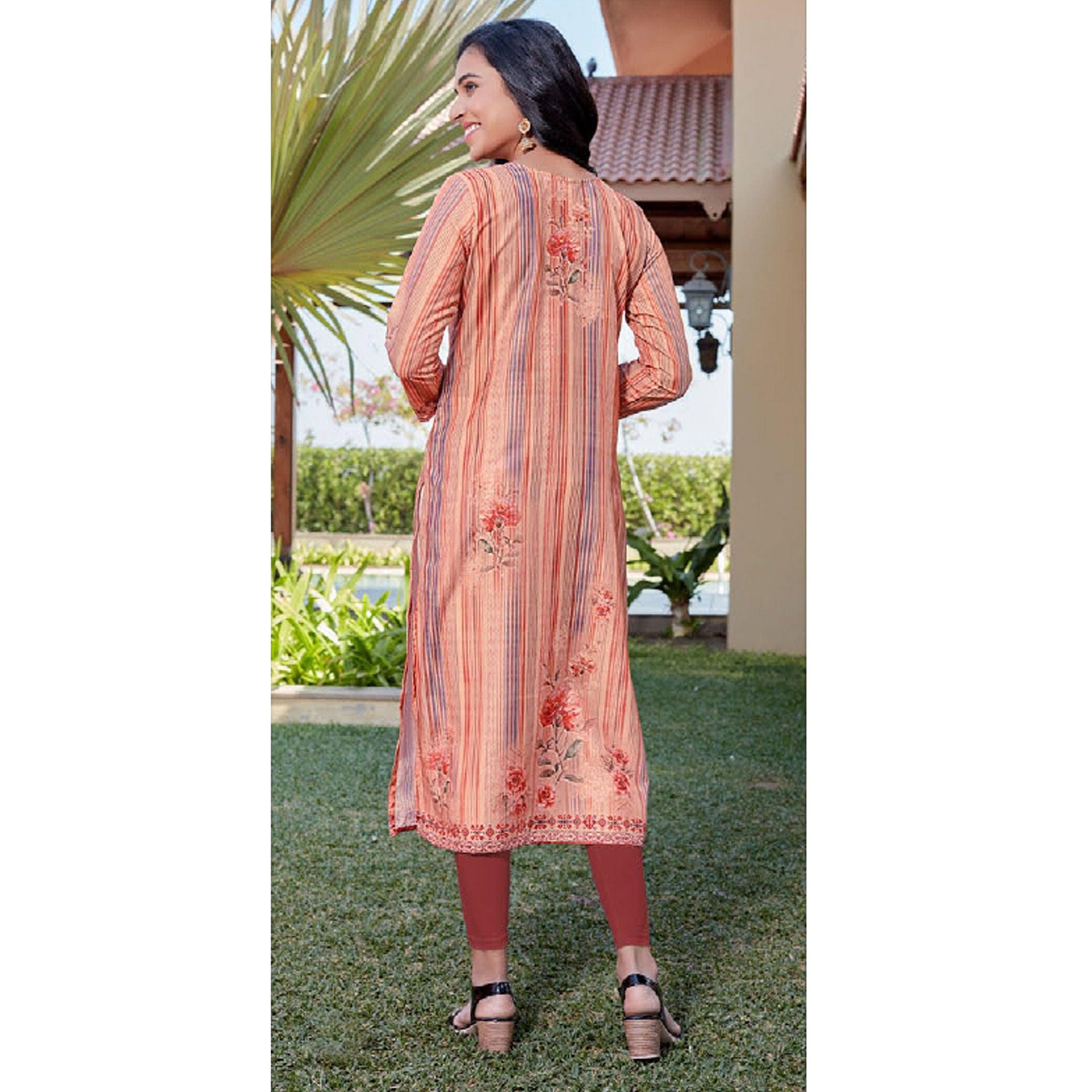 Peach Sequence Embroidered Cotton Silk Kurti - Peachmode