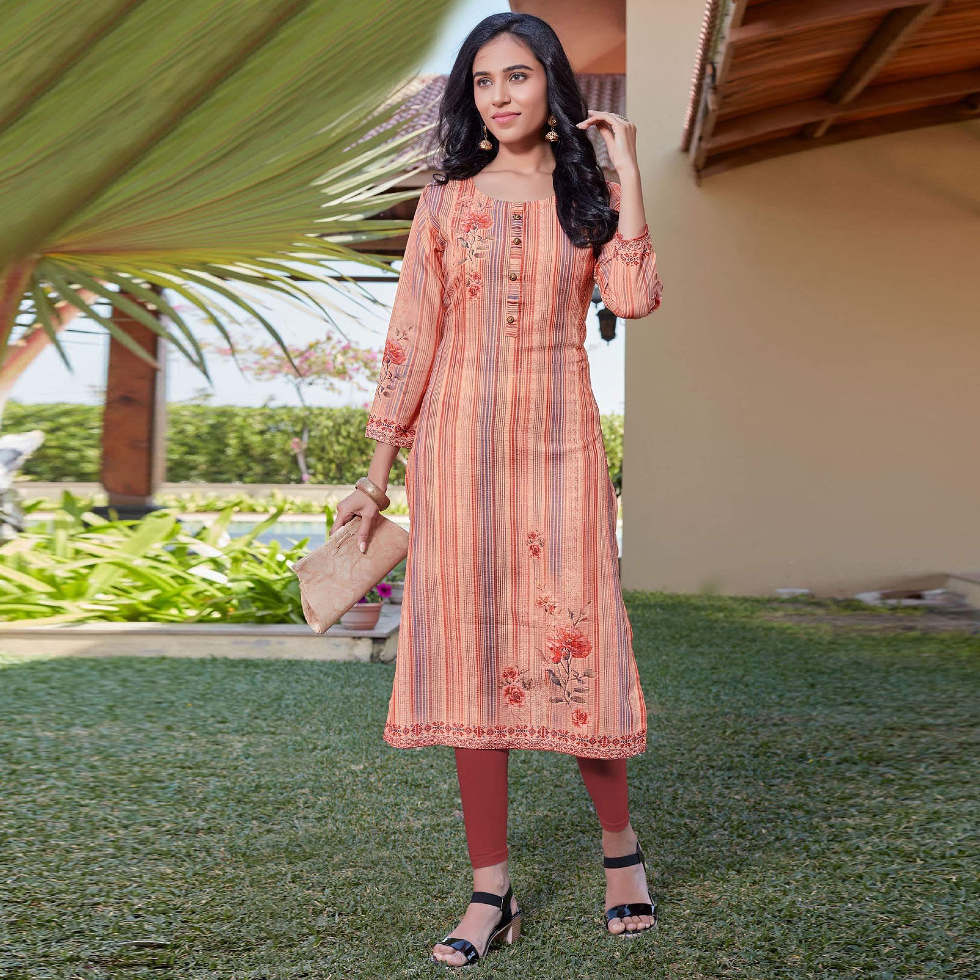 Peach Sequence Embroidered Cotton Silk Kurti - Peachmode