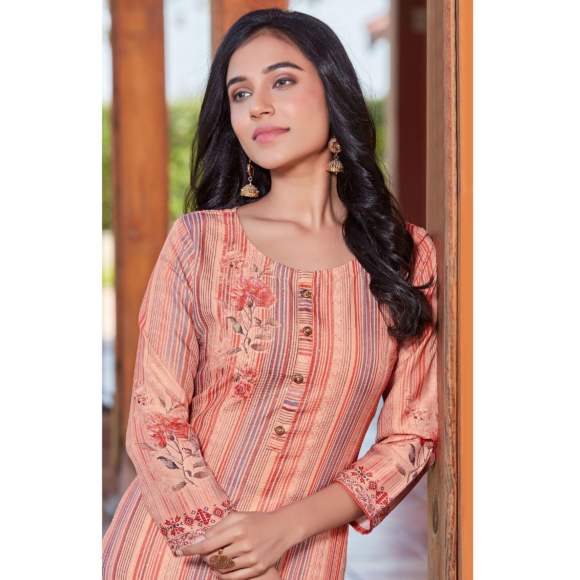 Peach Sequence Embroidered Cotton Silk Kurti - Peachmode