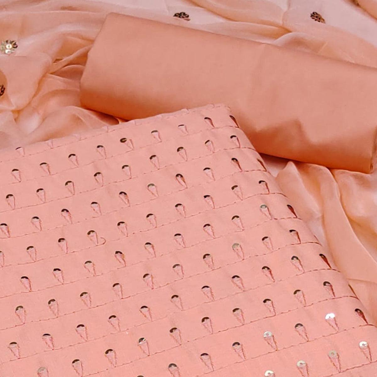 Peach Sequence Embroidered Cotton Slub Dress Material - Peachmode