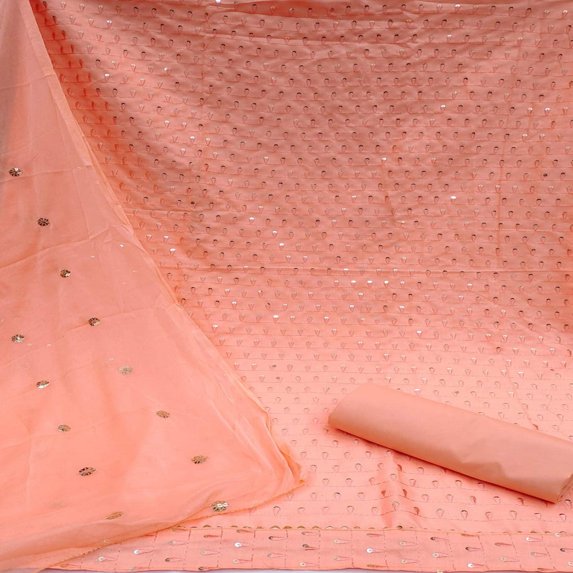 Peach Sequence Embroidered Cotton Slub Dress Material - Peachmode