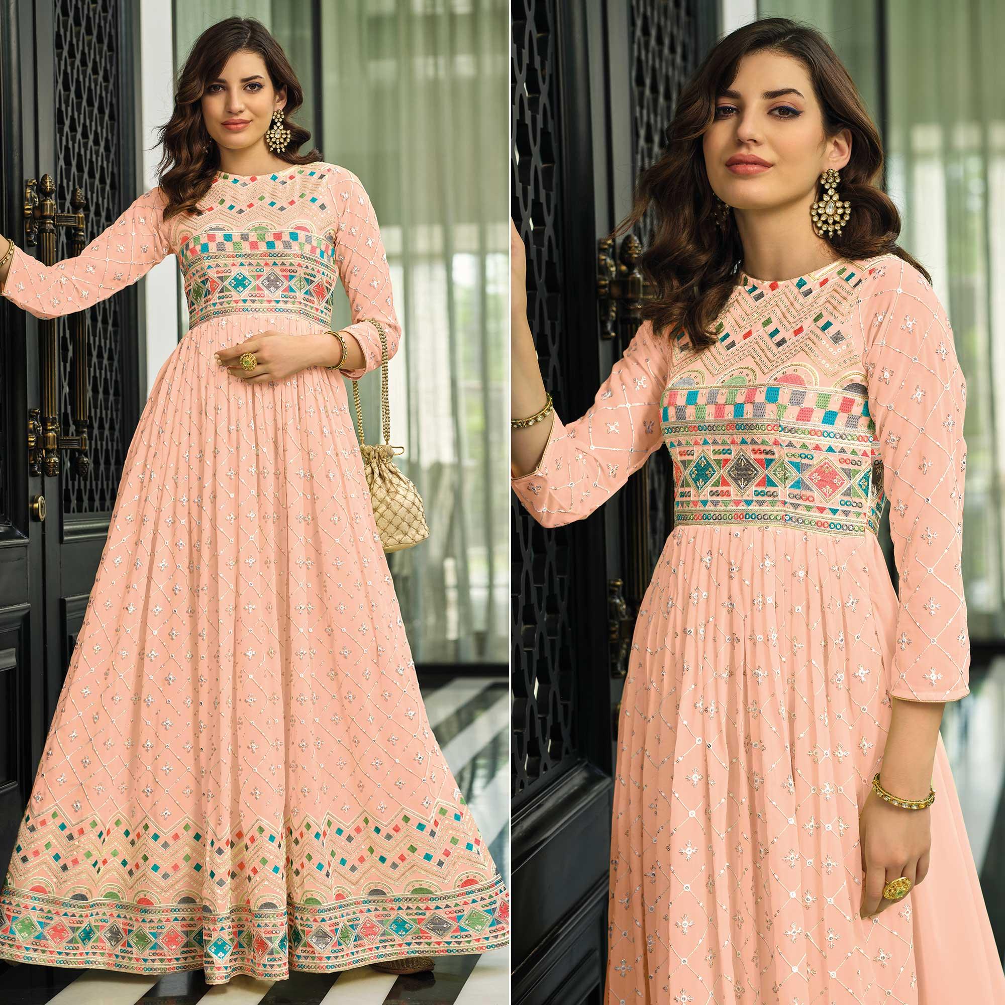 Peach Sequence Embroidered Georgette Gown - Peachmode