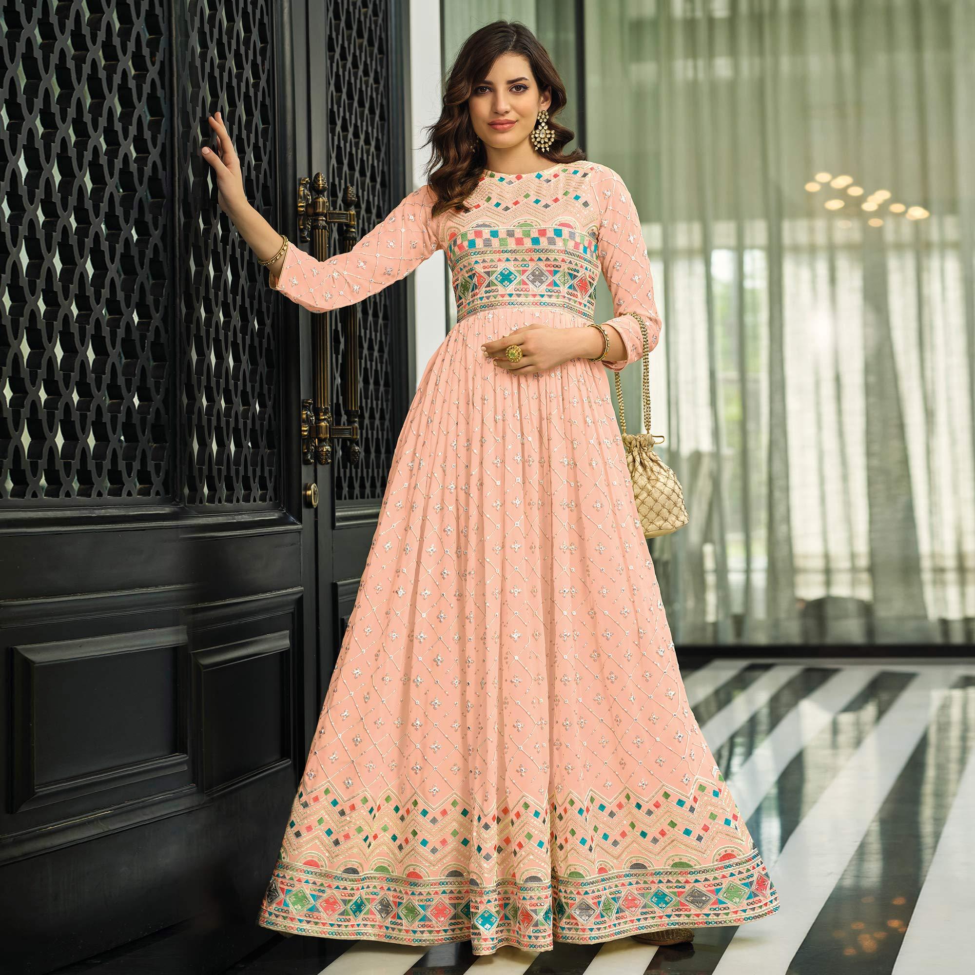 Peach Sequence Embroidered Georgette Gown - Peachmode