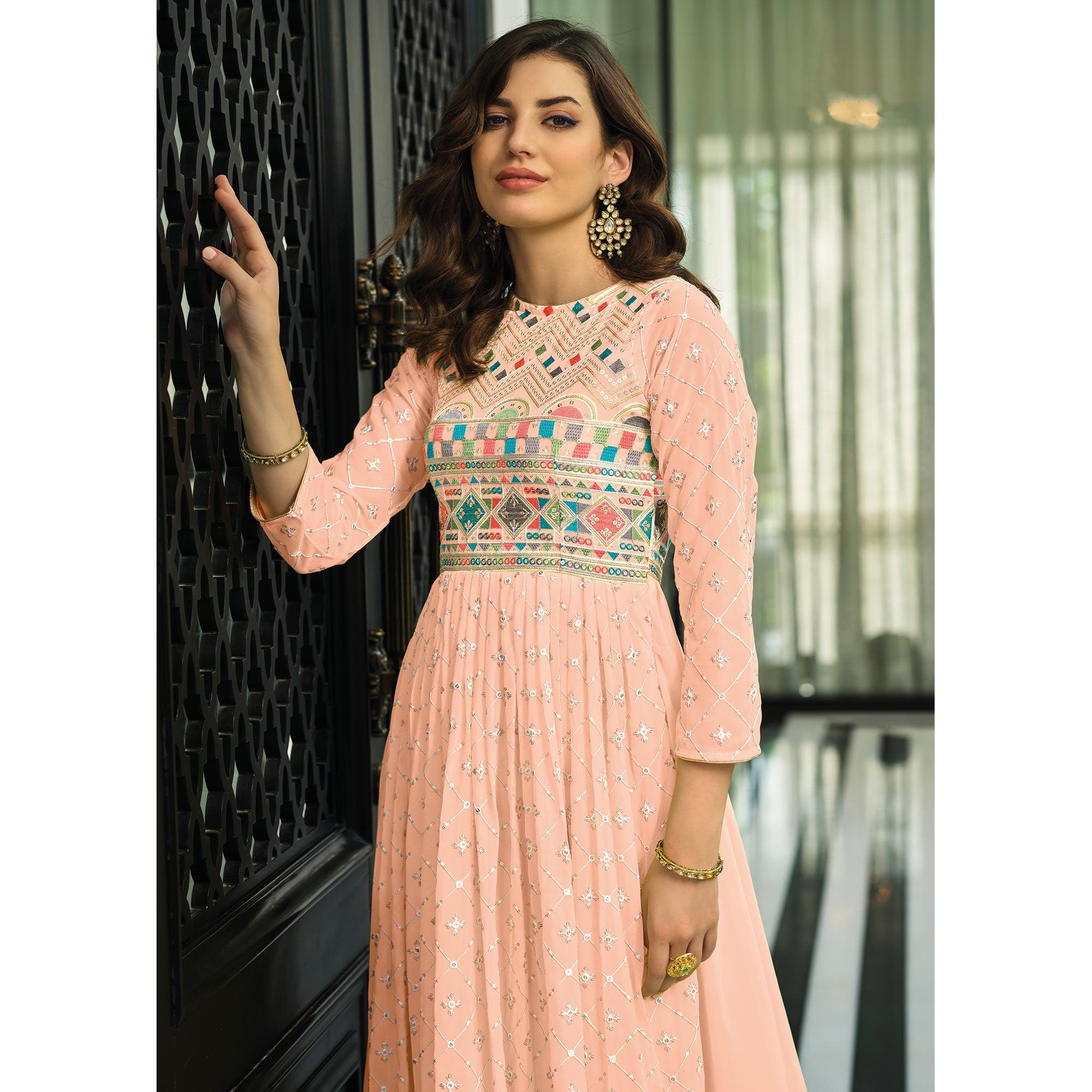 Peach Sequence Embroidered Georgette Gown - Peachmode