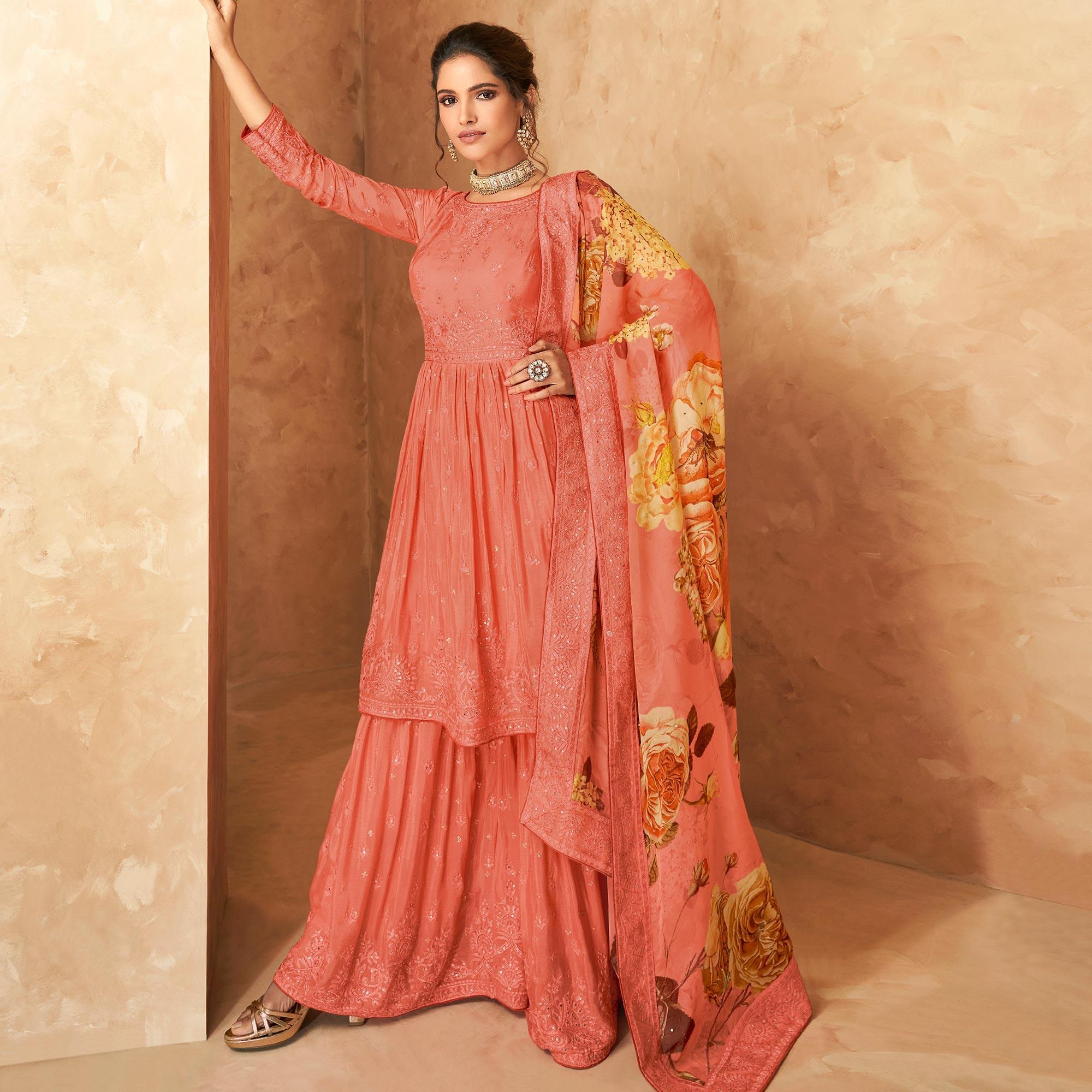 Peach Sequence Embroidered Georgette Partywear Palazzo Suit - Peachmode