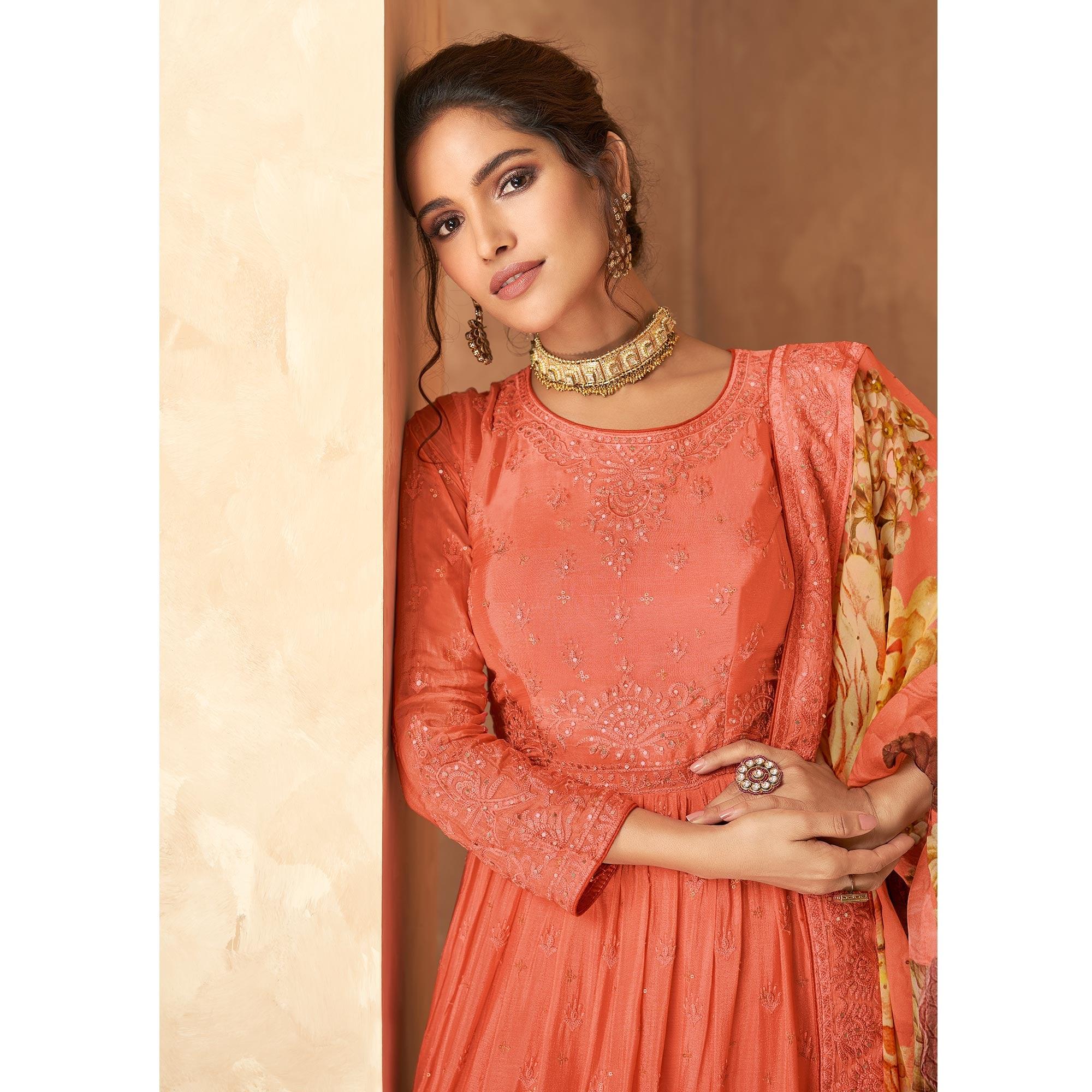 Peach Sequence Embroidered Georgette Partywear Palazzo Suit - Peachmode