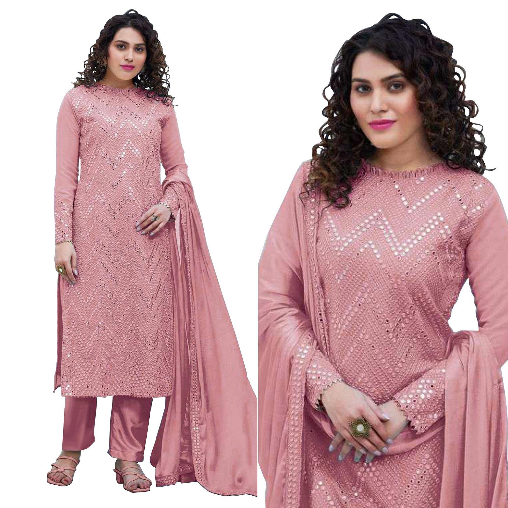 Peach Sequence Embroidered Georgette Suit - Peachmode