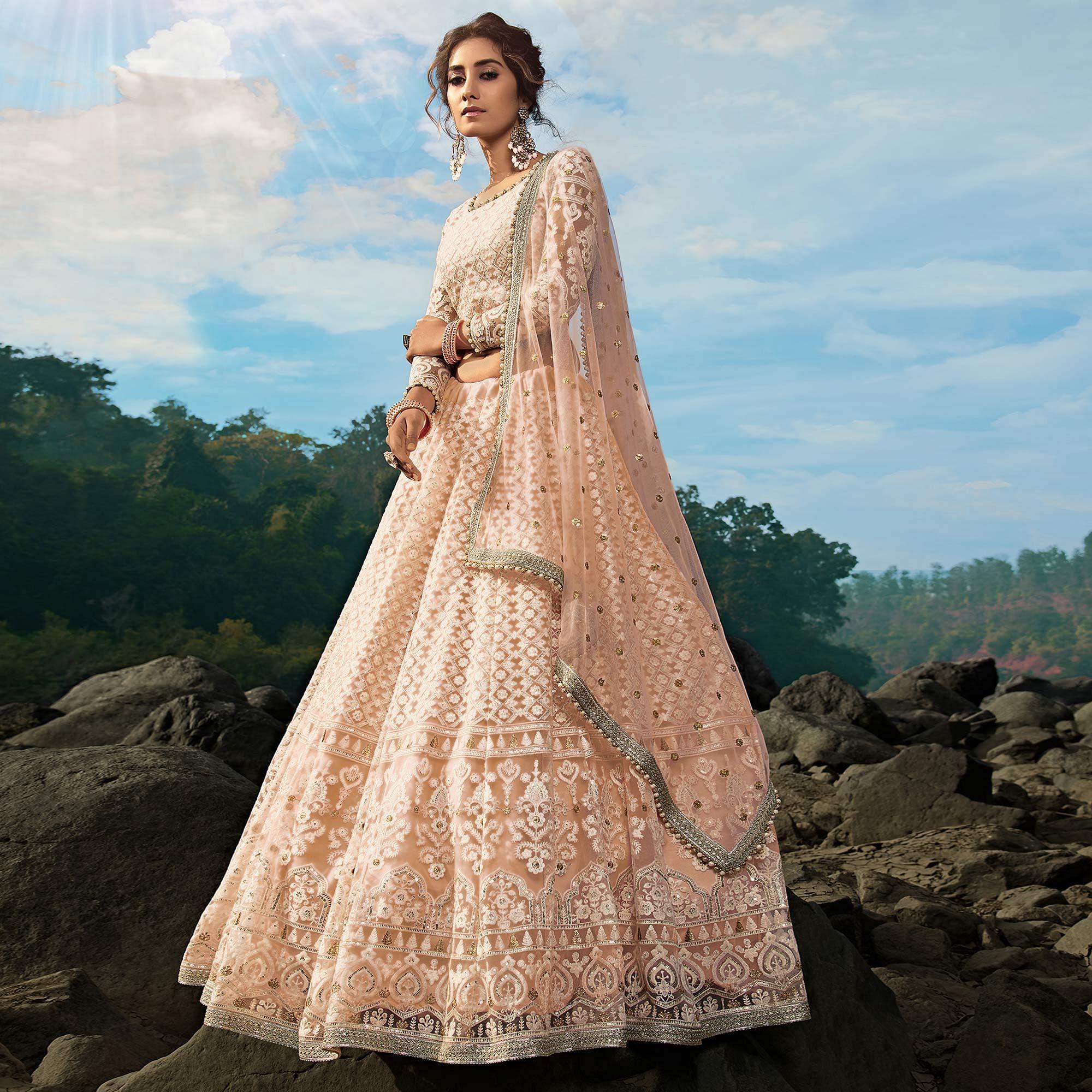 Peach Sequence Embroidered Net Lehenga Choli - Peachmode