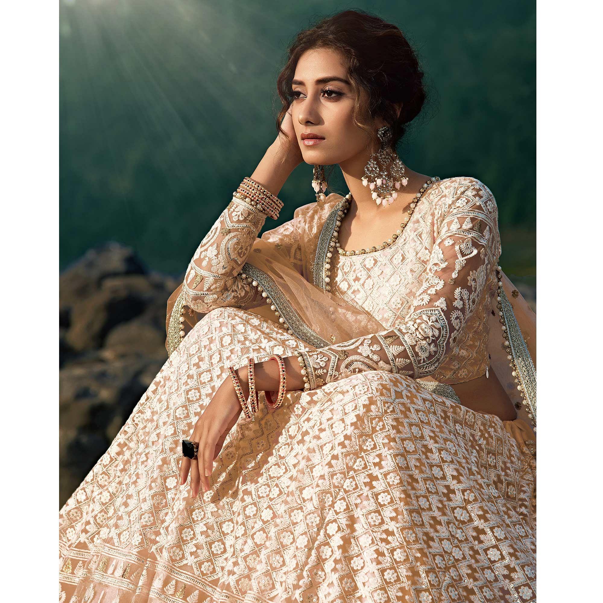 Peach Sequence Embroidered Net Lehenga Choli - Peachmode