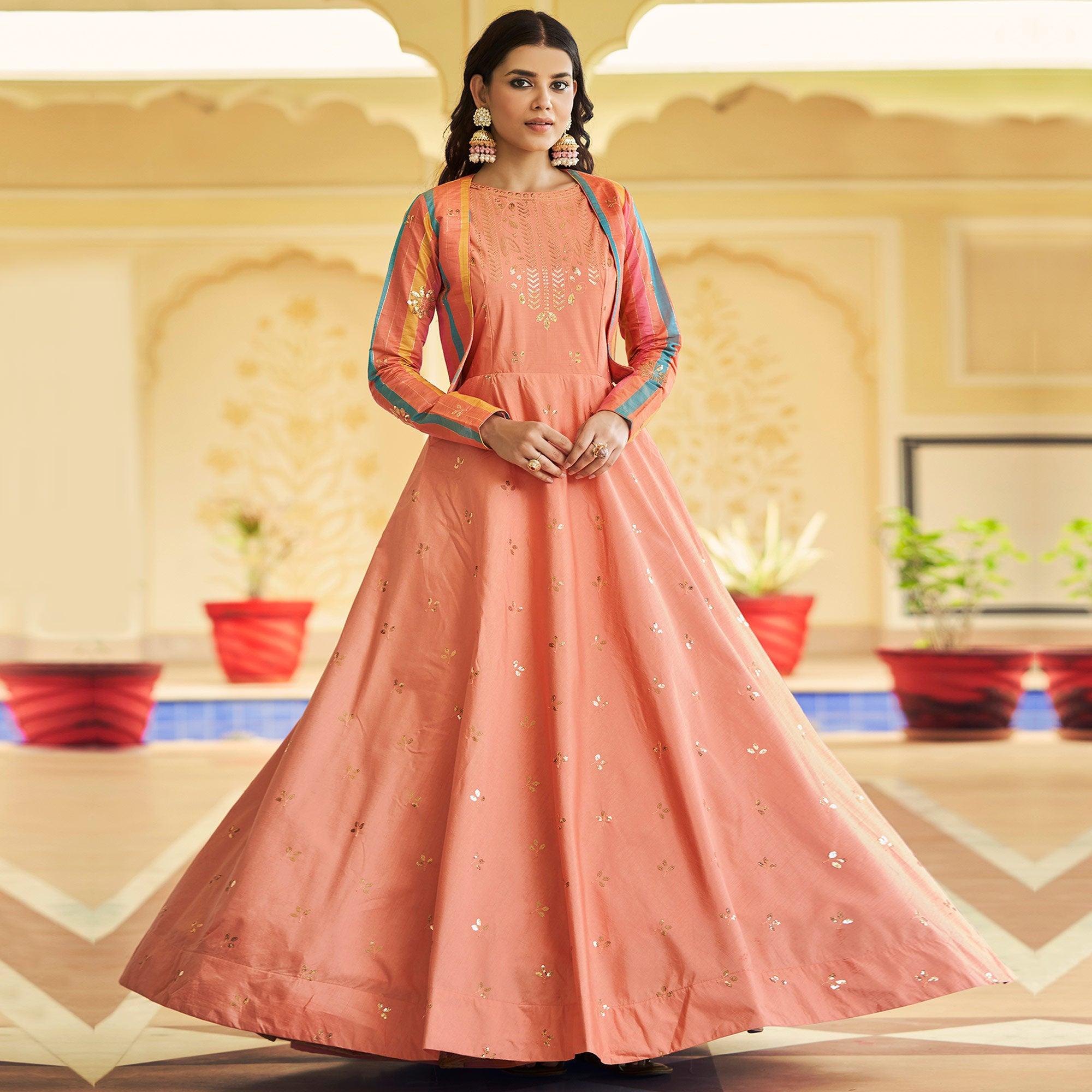 Peach Sequence Embroidered Pure Cotton Gown With Koti - Peachmode