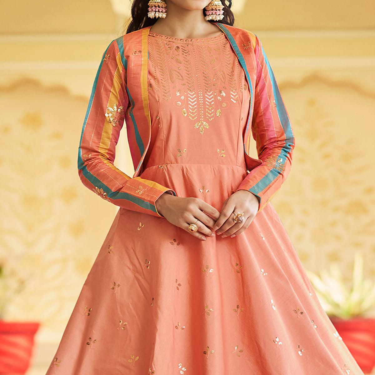 Peach Sequence Embroidered Pure Cotton Gown With Koti - Peachmode