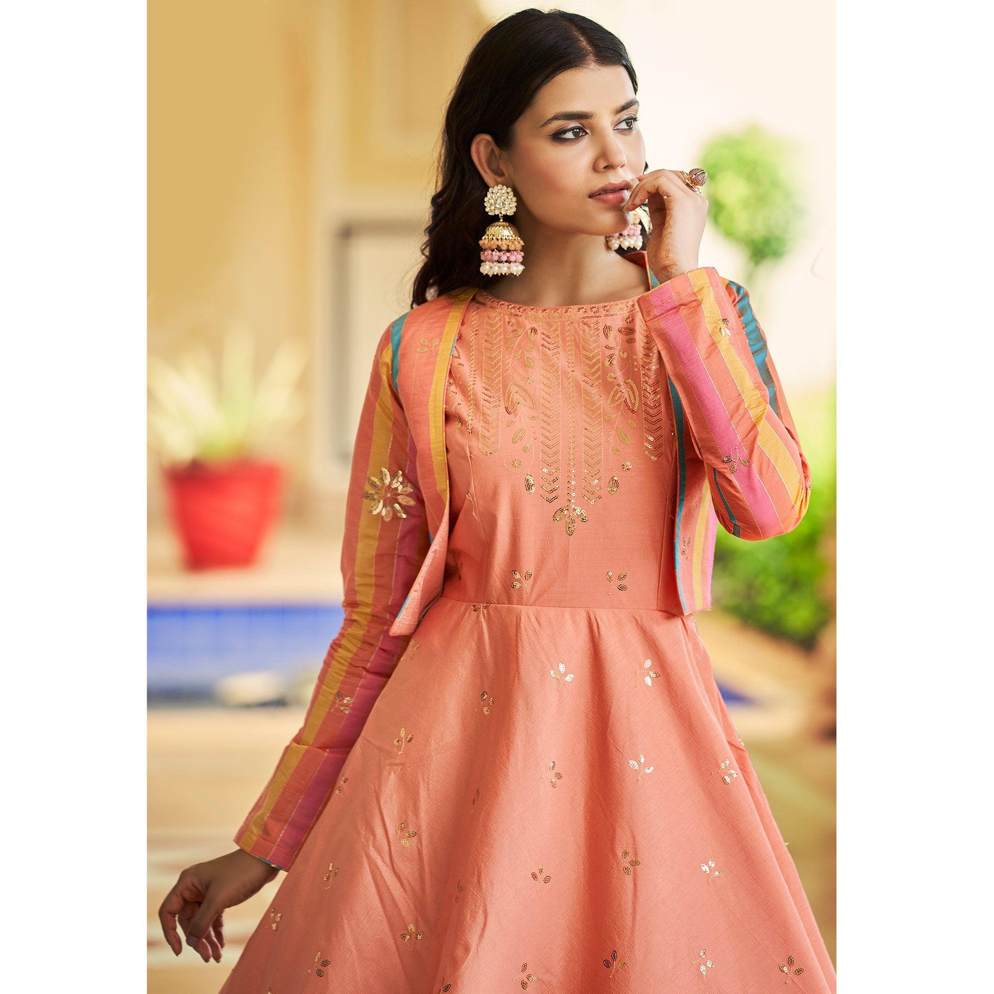 Peach Sequence Embroidered Pure Cotton Gown With Koti - Peachmode
