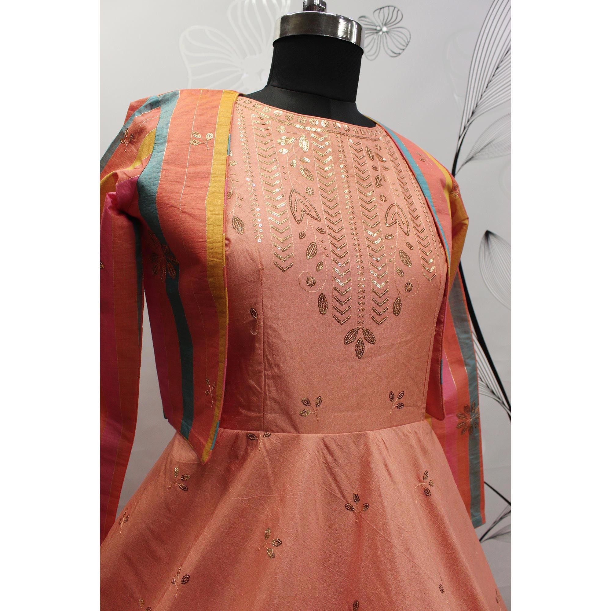 Peach Sequence Embroidered Pure Cotton Gown With Koti - Peachmode