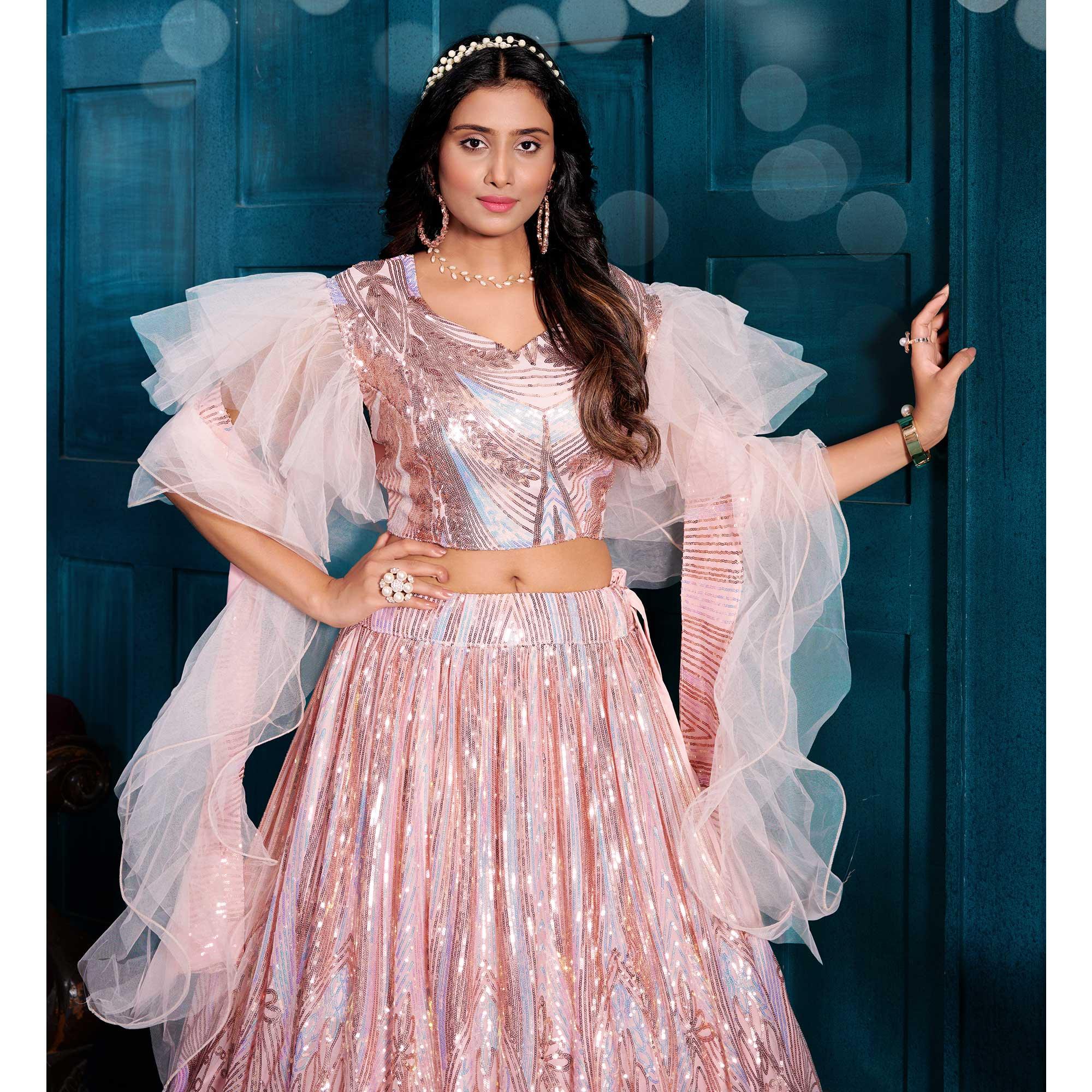 Peach Sequence Embroidered With Stonework Art Silk Lehenga Choli - Peachmode