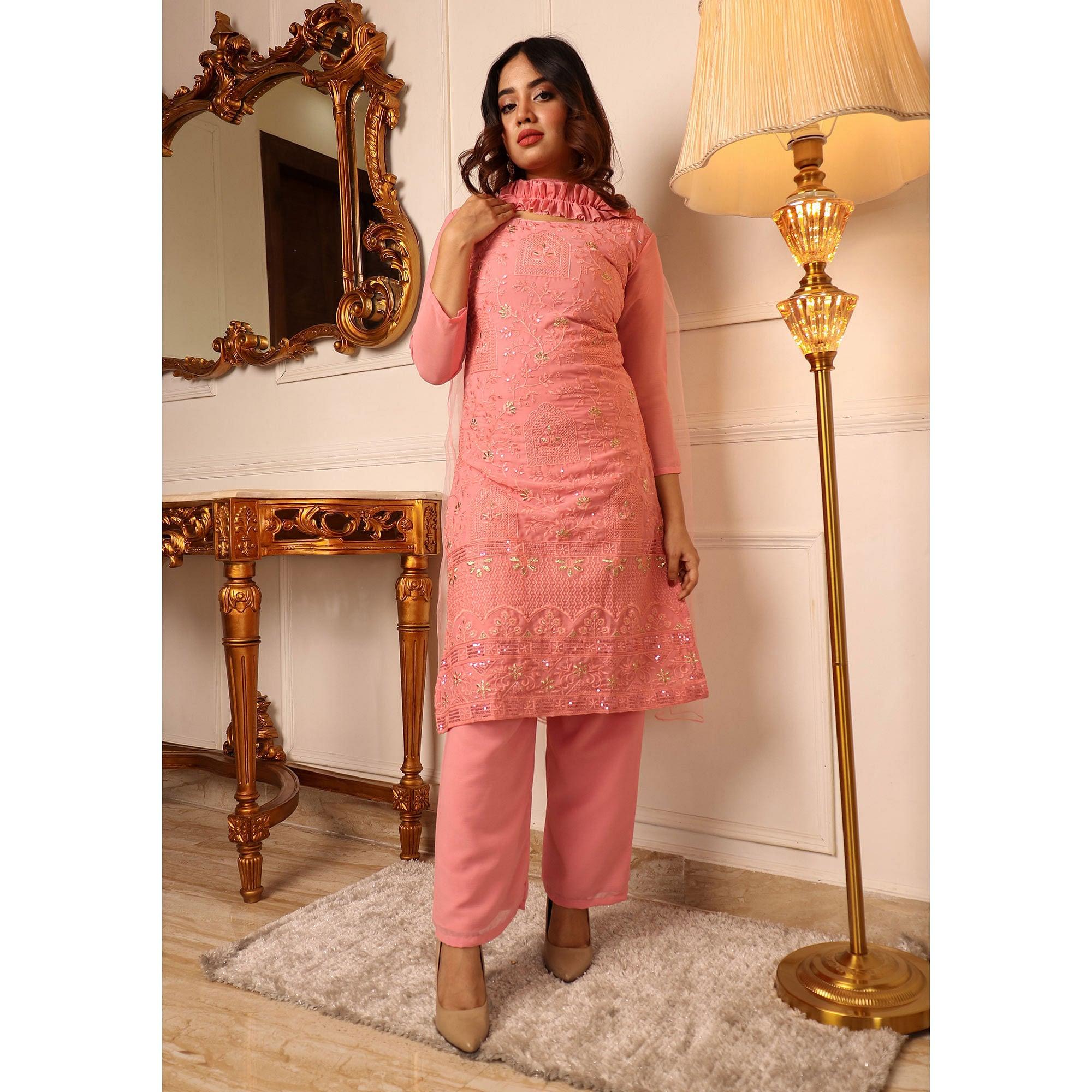 Peach Sequence Floral Embroidered Chiffon Kurti Pant Set With Dupatta - Peachmode