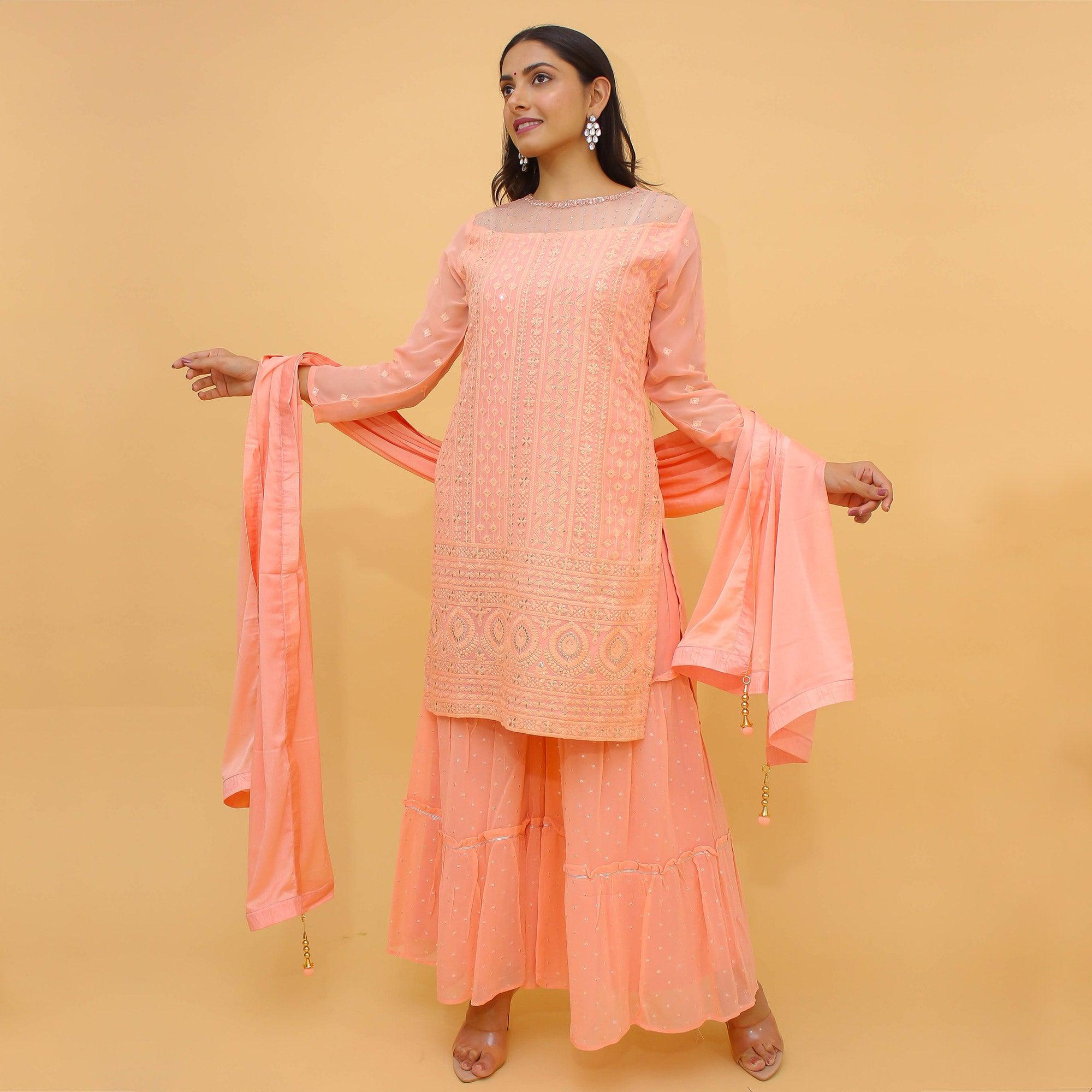 Peach Sequence Floral Embroidered Georgette Sharara Suit - Peachmode