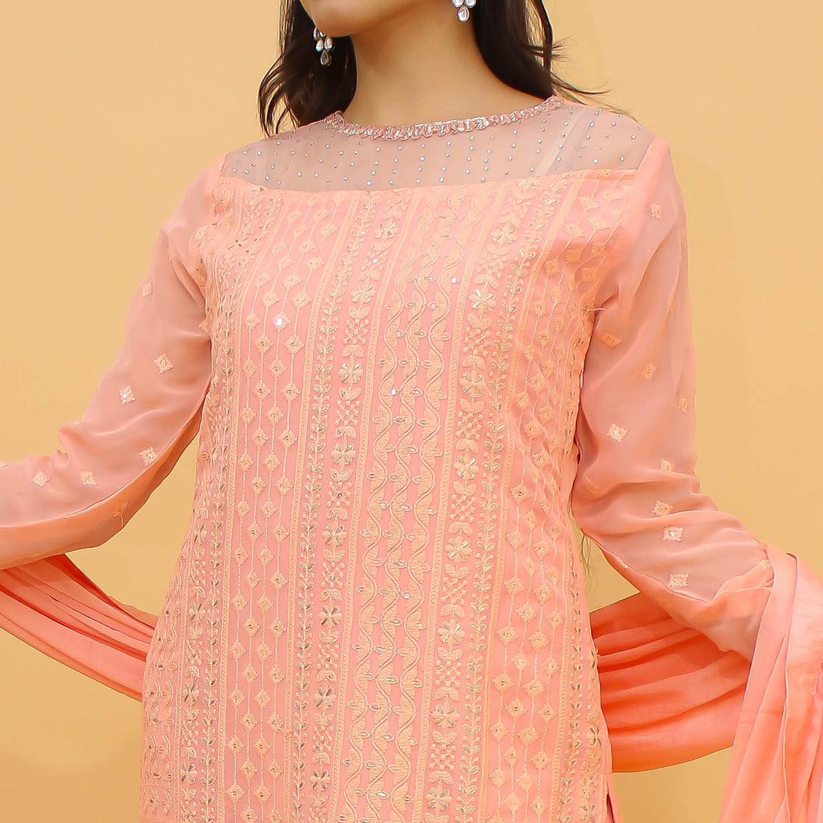 Peach Sequence Floral Embroidered Georgette Sharara Suit - Peachmode