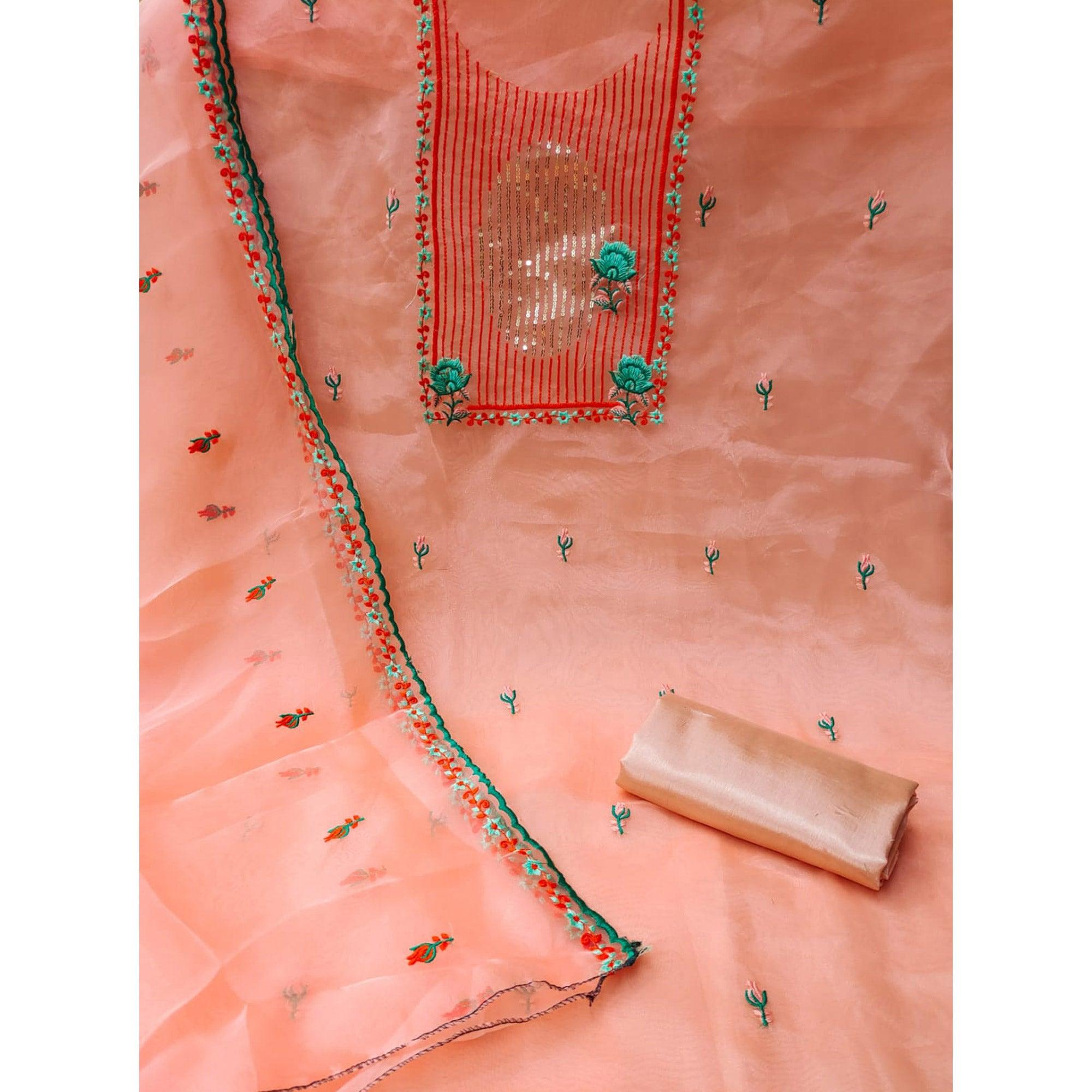 Peach Sequence Floral Embroidered Organza Dress Material - Peachmode