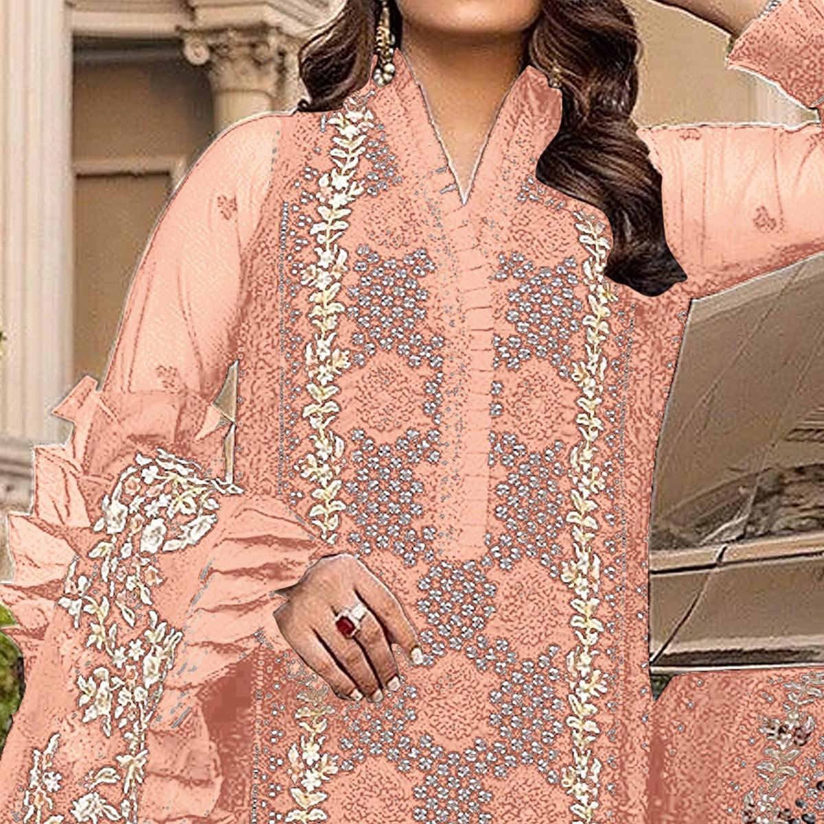 Peach Sequence With Floral Embroidered Georgette Pakistani Suit - Peachmode
