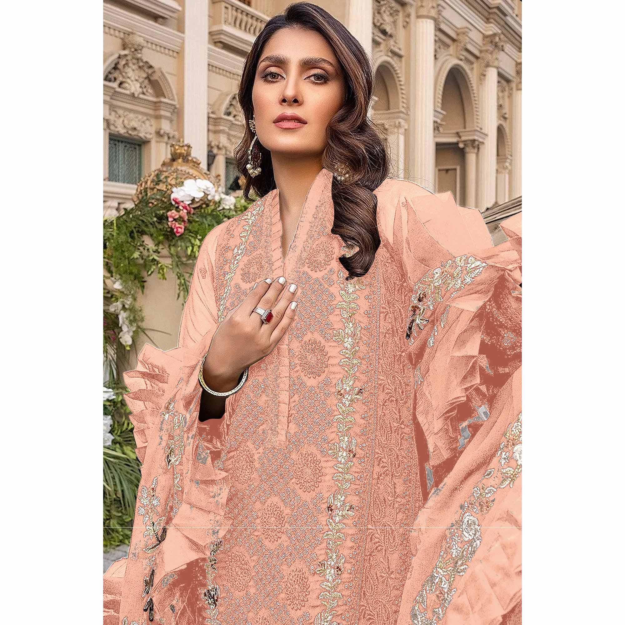 Peach Sequence With Floral Embroidered Georgette Pakistani Suit - Peachmode