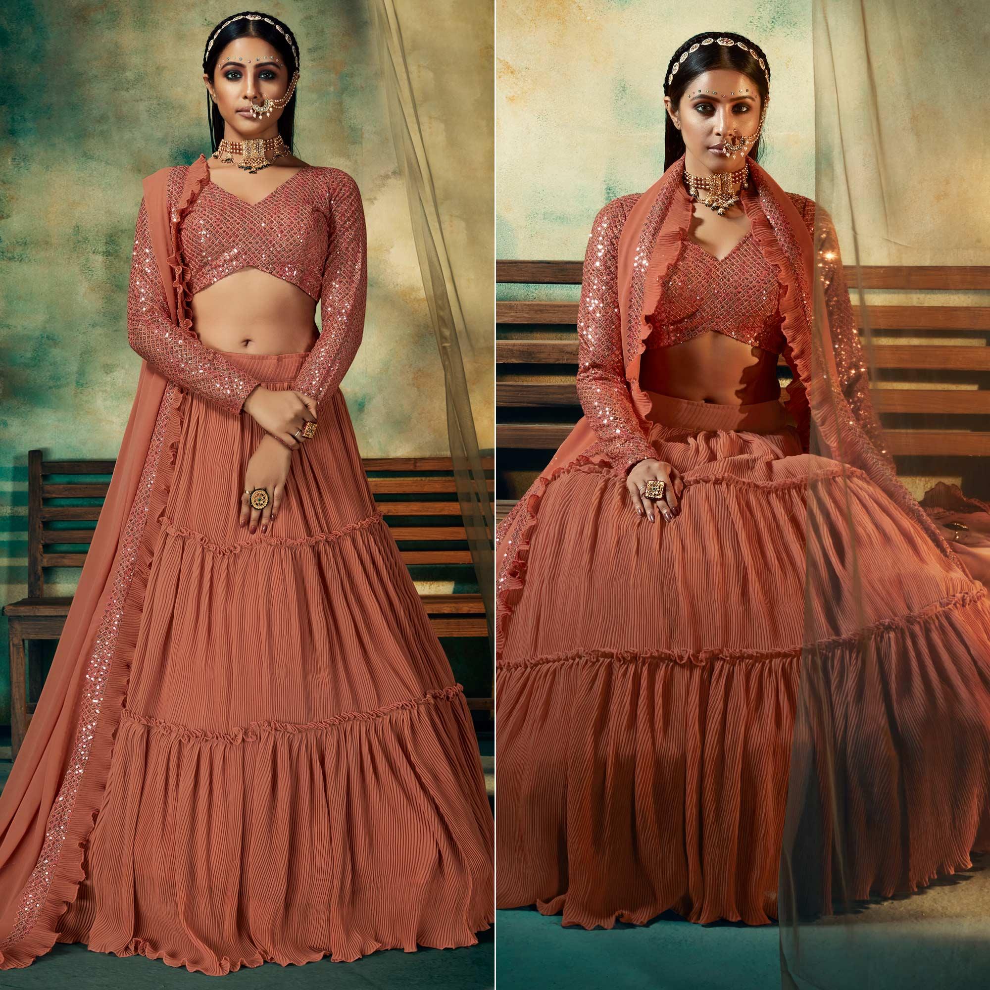 Peach Solid Georgette Lehenga Choli - Peachmode