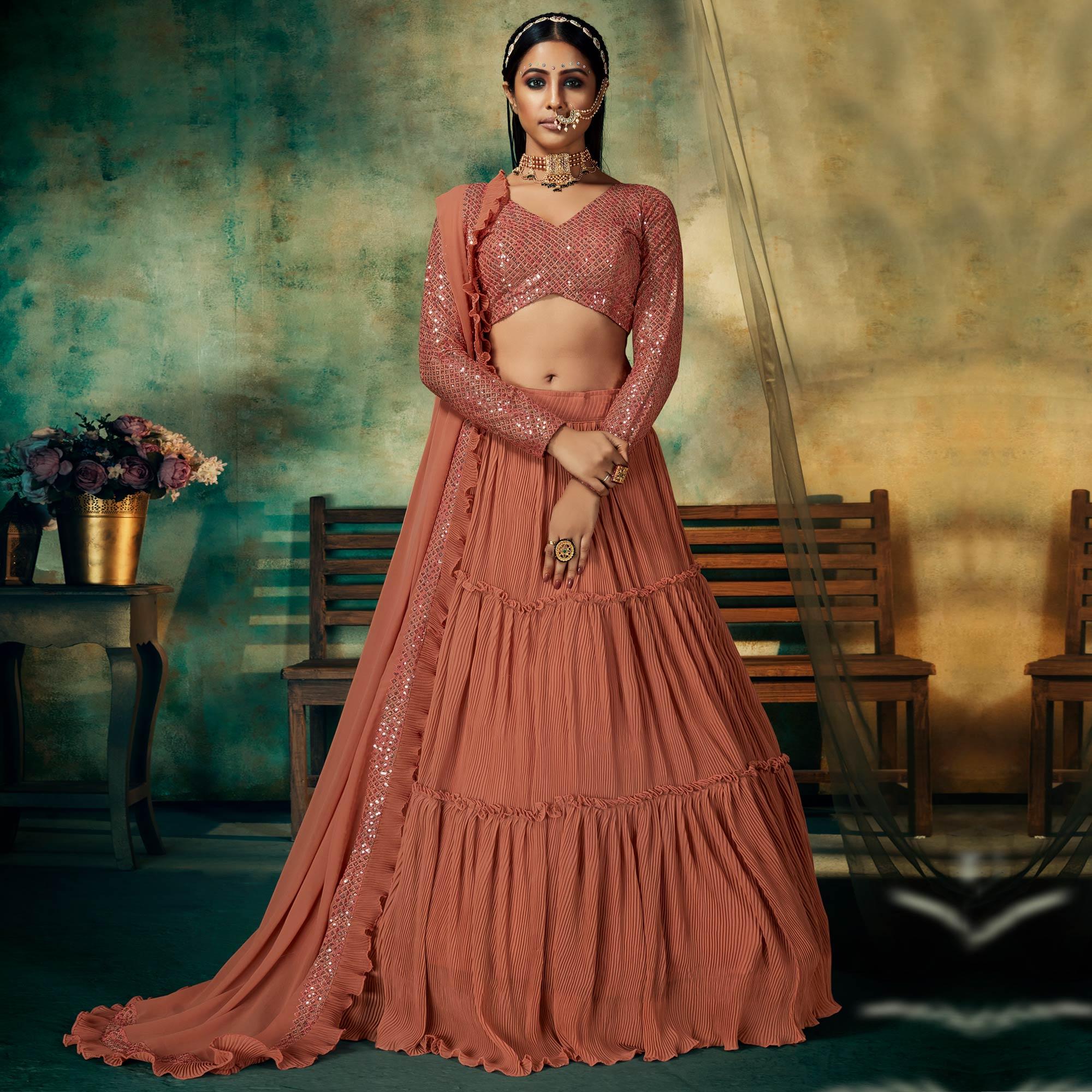 Peach Solid Georgette Lehenga Choli - Peachmode