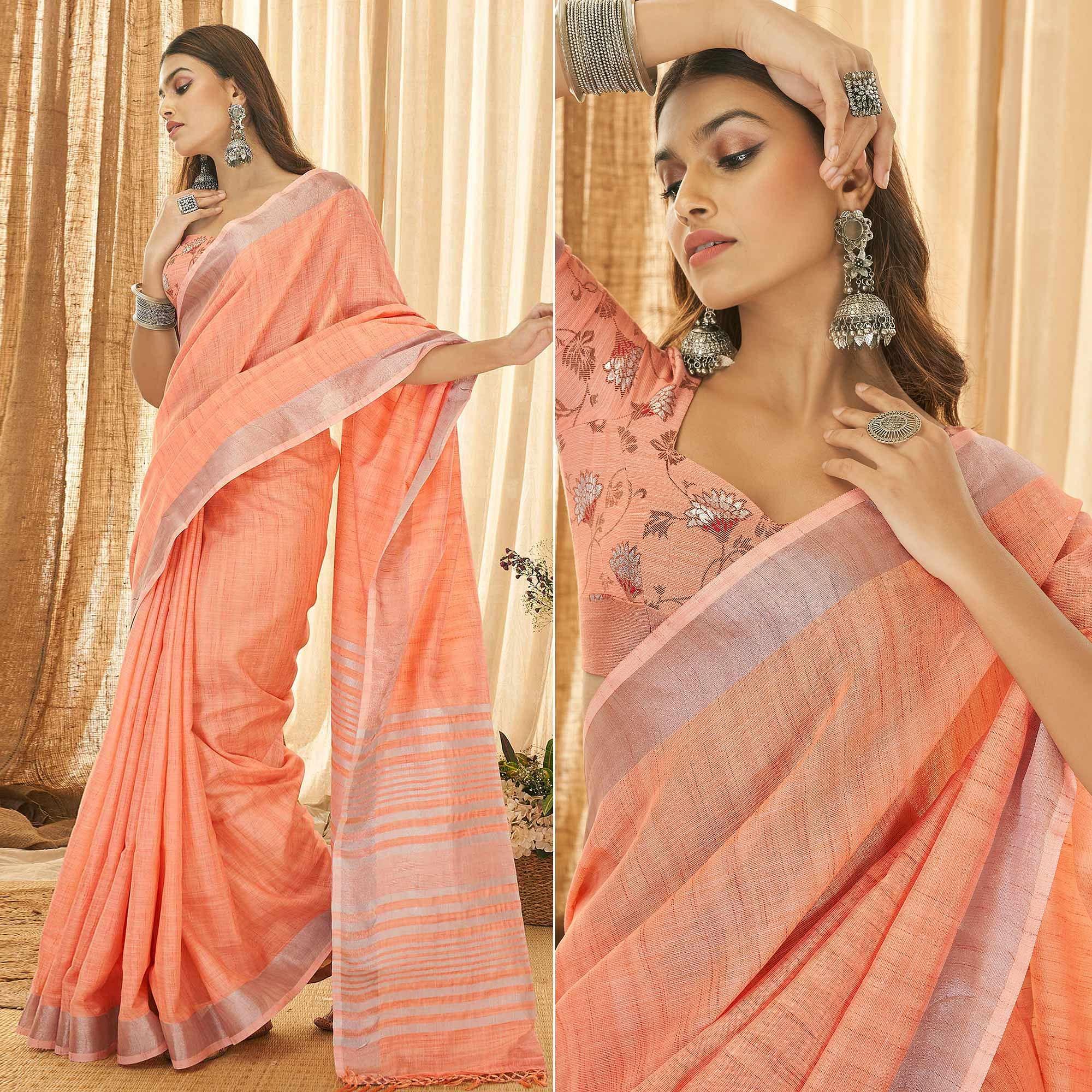 Peach Solid Linen Saree - Peachmode