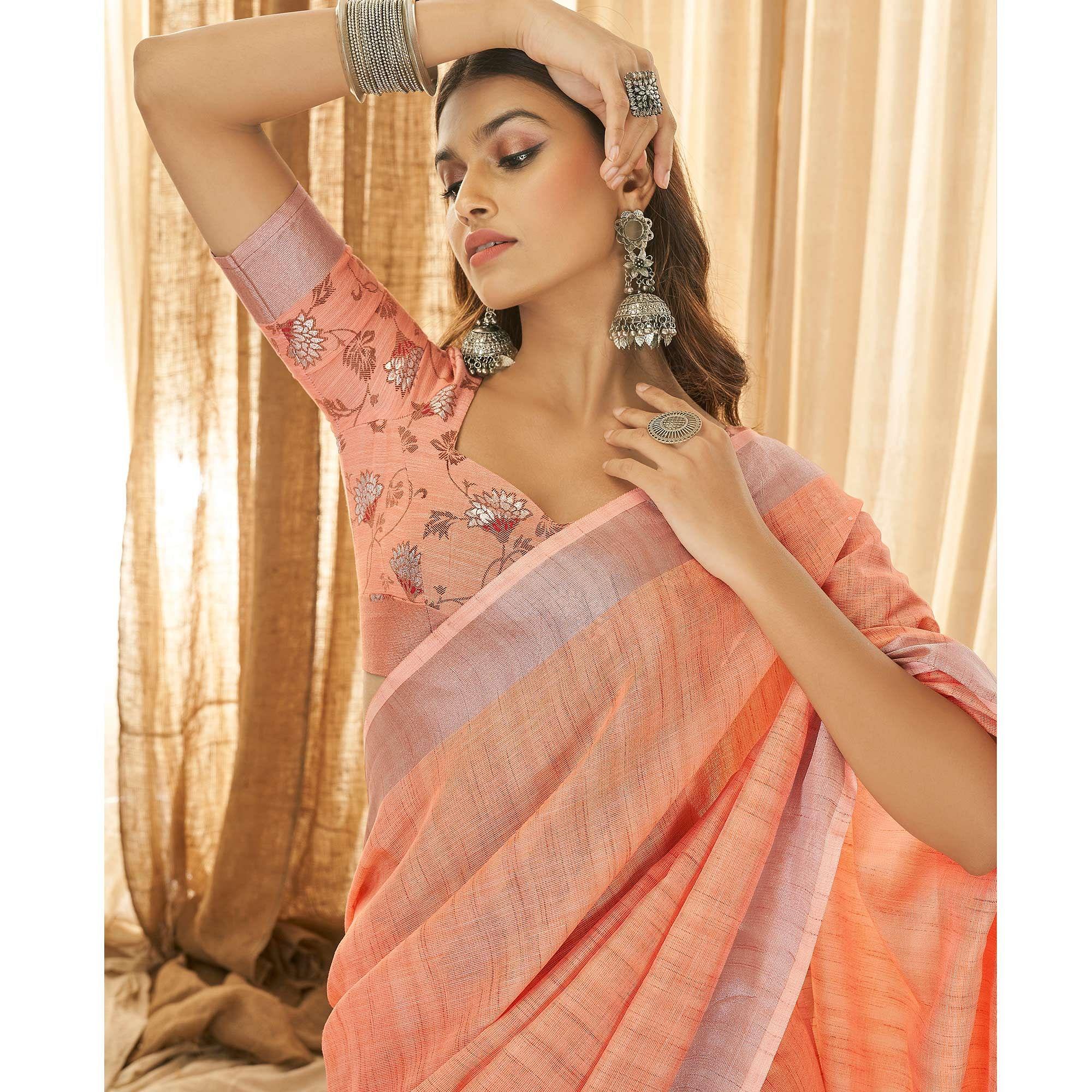 Peach Solid Linen Saree - Peachmode