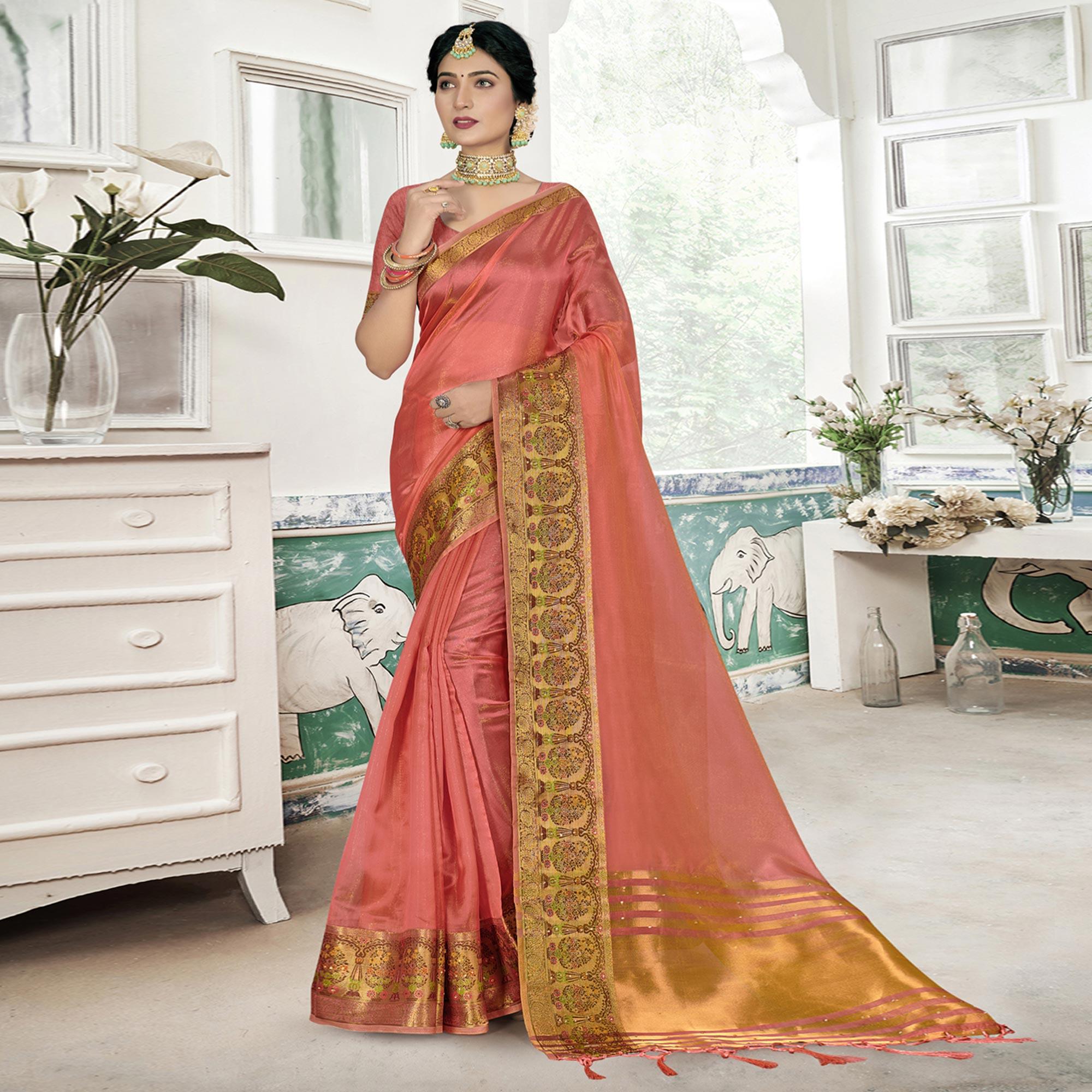 Peach Solid Organza Saree - Peachmode