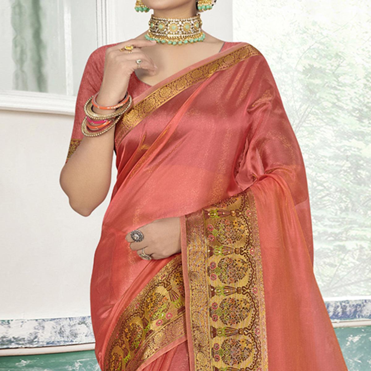 Peach Solid Organza Saree - Peachmode