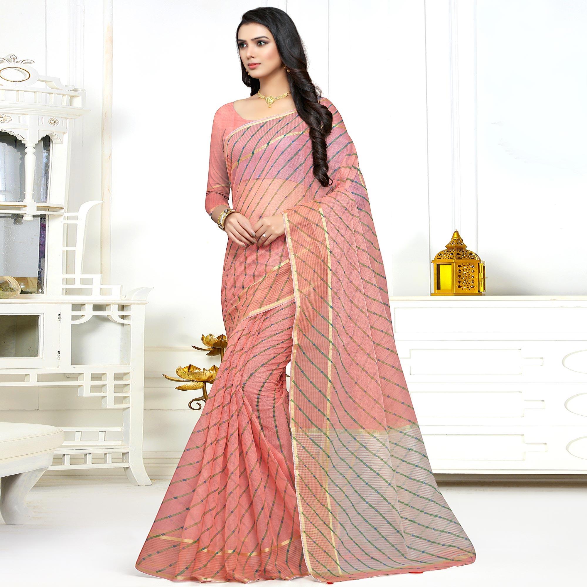 Peach Stripe Printed Kota Doria Saree With Tassels - Peachmode