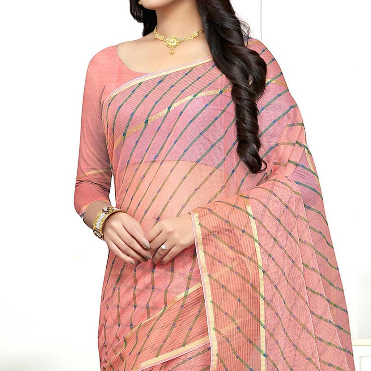 Peach Stripe Printed Kota Doria Saree With Tassels - Peachmode